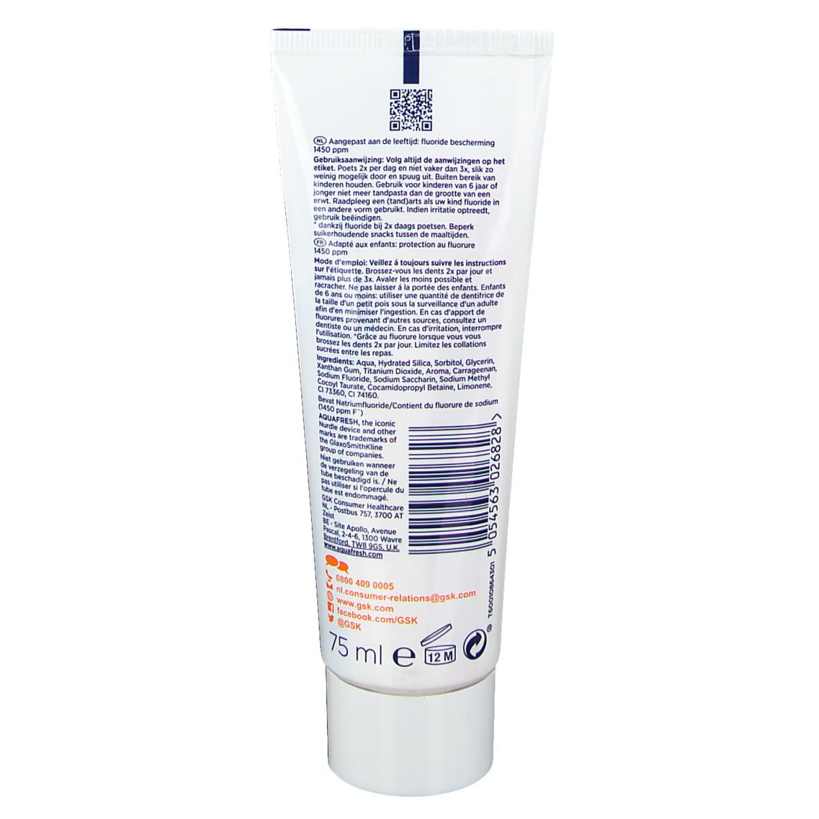 Dos du tube de dentifrice. Contient des informations sur les ingrédients, l'utilisation et le fabricant. Tube blanc avec texte bleu.