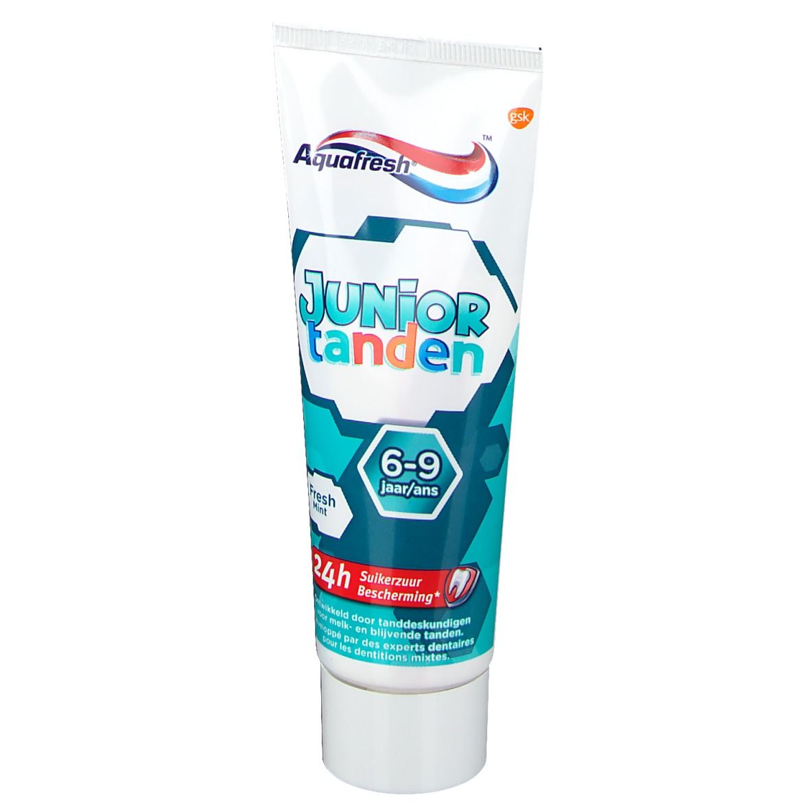 Tube de dentifrice AquaFresh Junior, 6-9 ans, menthe fraîche. Couleurs bleu, blanc et rouge. Protection 24h.
