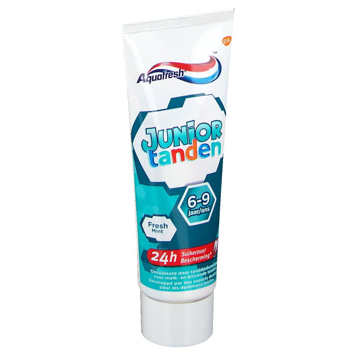 Tube de dentifrice AquaFresh Junior, 6-9 ans, menthe fraîche. Couleurs bleu, blanc et rouge. Protection 24h.