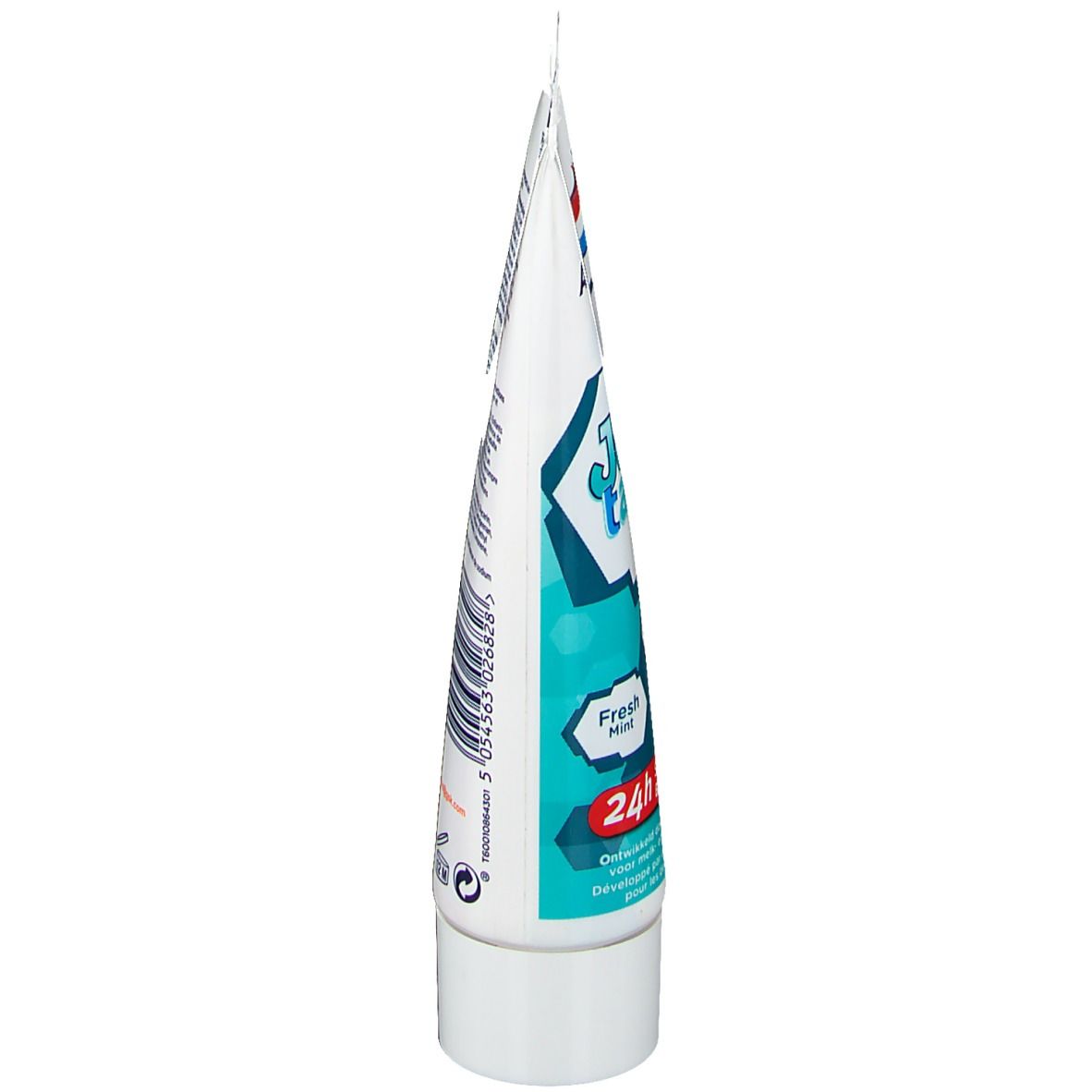 Tube de dentifrice AquaFresh Junior, 6-9 ans, menthe fraîche. Couleurs bleu, blanc et rouge. Protection 24h.