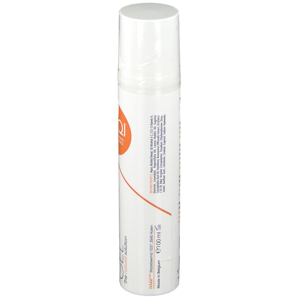 Weiße Flasche mit Inhaltsangaben und Schriftzug NAQI. Aufschrift: Ingredients. Unten: 100 ml. Hergestellt in Belgien.