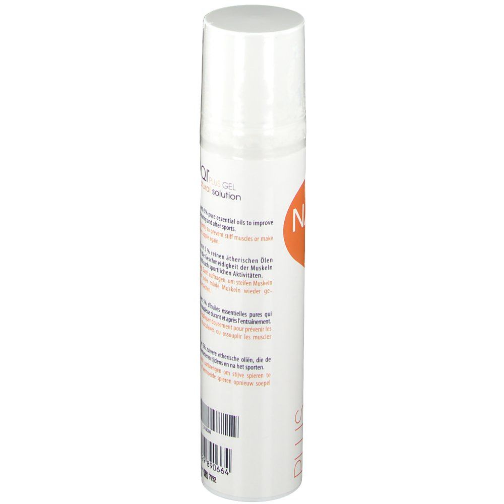 Weiße Flasche mit Text und Schriftzug NAQI. Text: Hydrogel mit 3% reinem ätherischen Öl. Barcode unten.