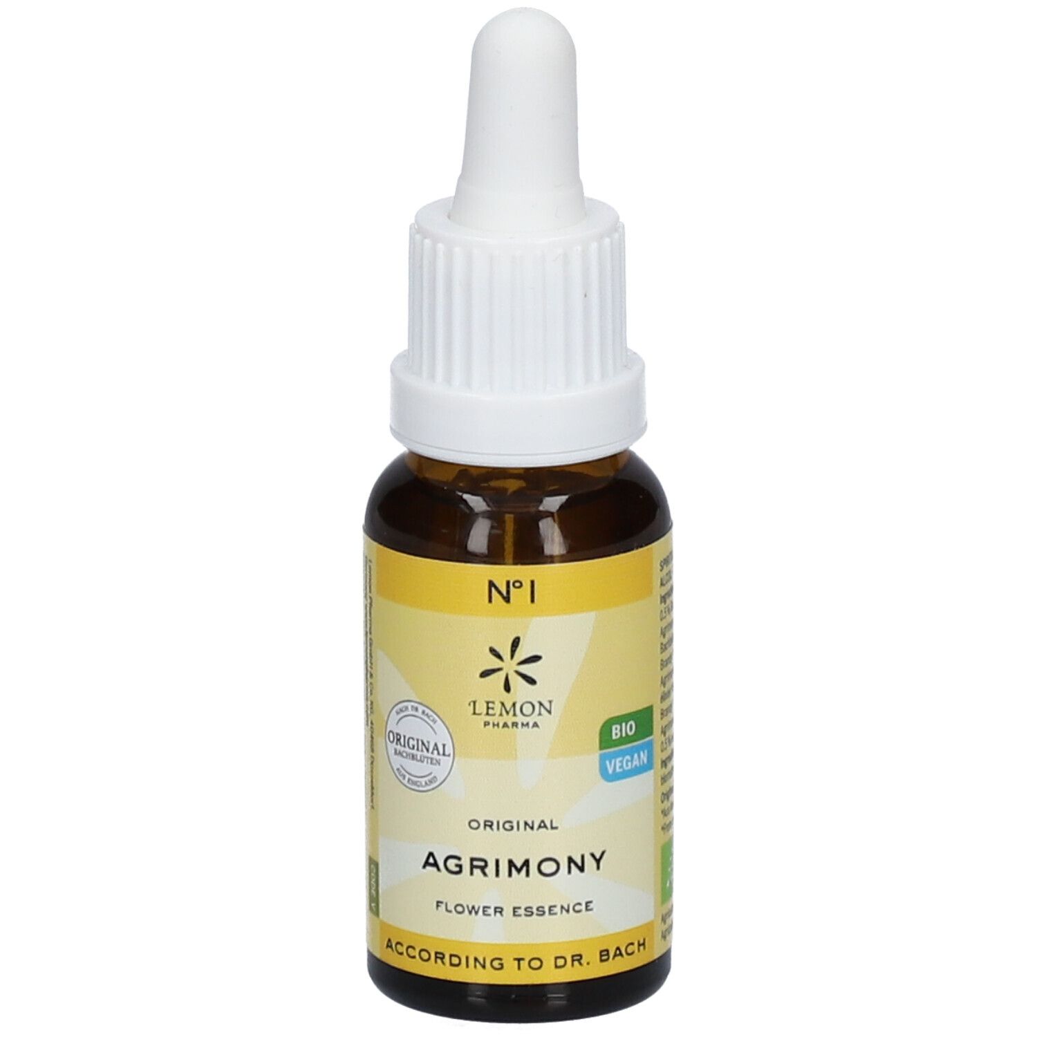 Flacon en verre brun avec bouchon blanc. Étiquette avec texte: Agrimony, Flower Essence, Lemon Pharma, Bio, Vegan.