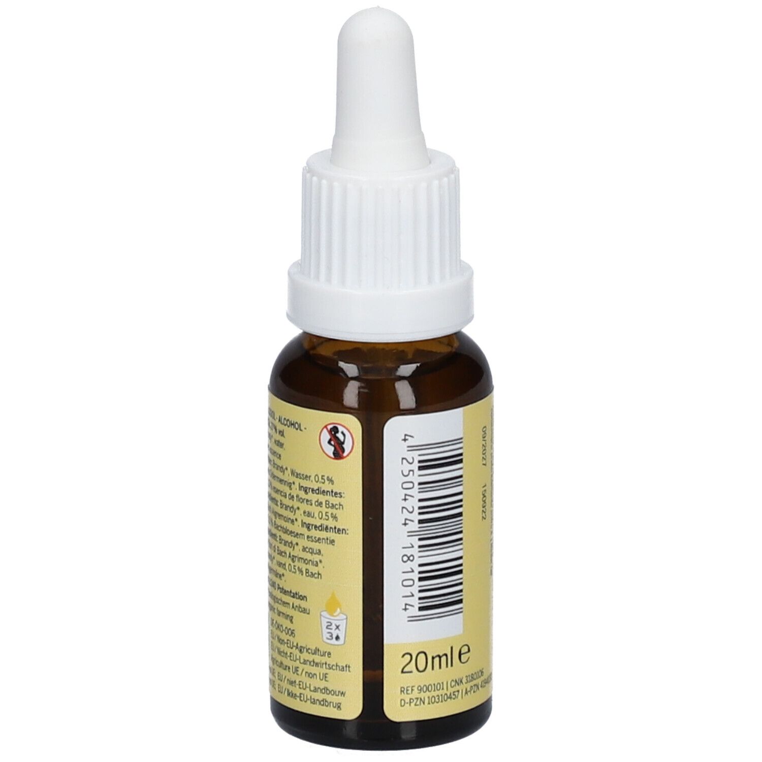 Flacon en verre brun avec bouchon blanc. Étiquette avec texte et code-barres. 20ml. Original Bachblüten.