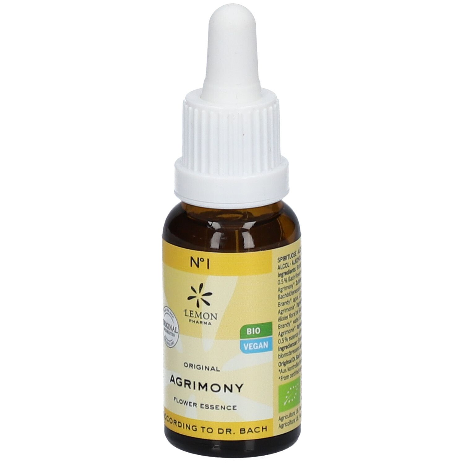 Flacon en verre brun avec bouchon blanc. Étiquette avec texte: Agrimony, Flower Essence, Lemon Pharma, Bio, Vegan.