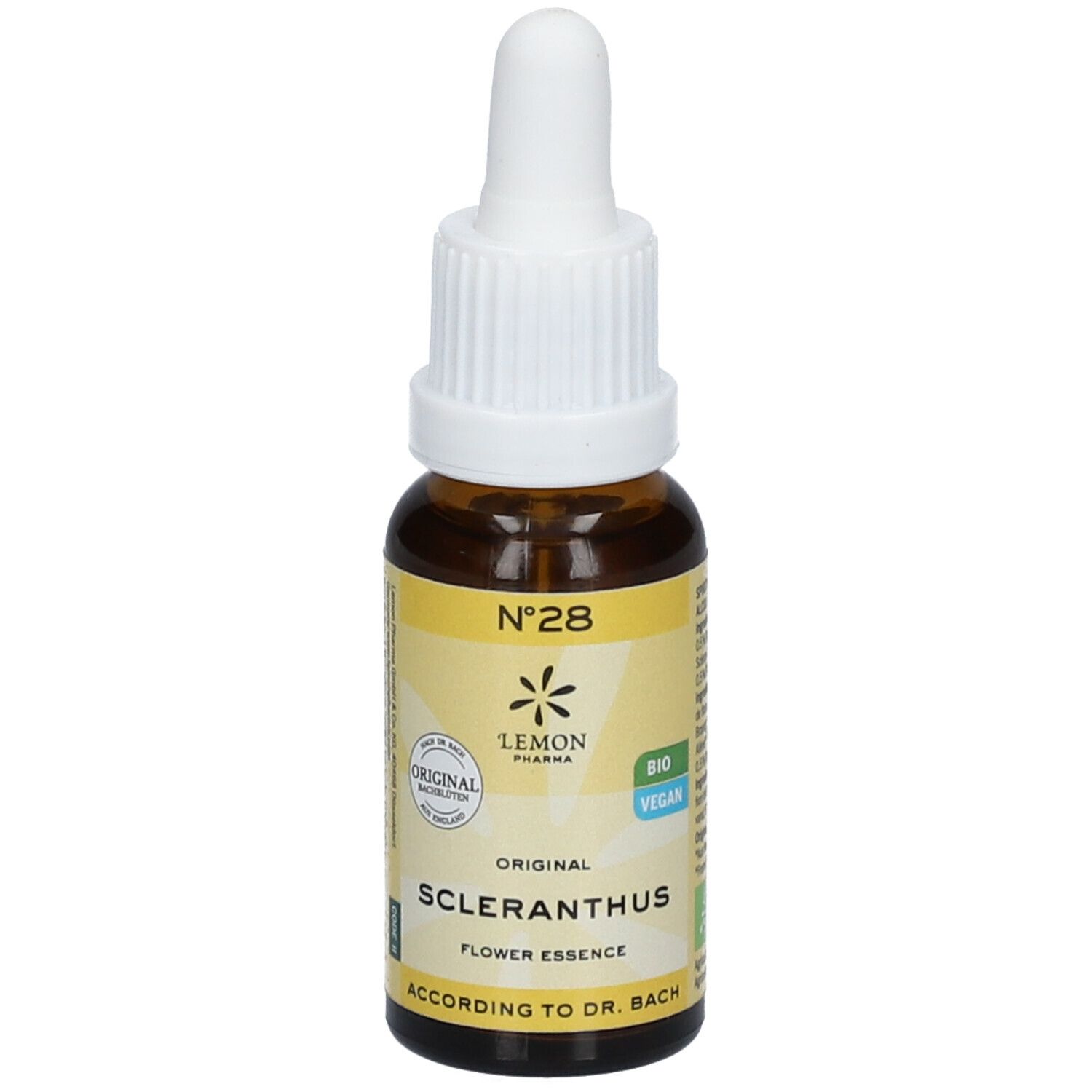 Braune Glasflasche mit weißem Tropfer. Etikett mit gelbem Hintergrund, Text: Scleranthus, Nr. 28, Lemon Pharma, Bio, Vegan.