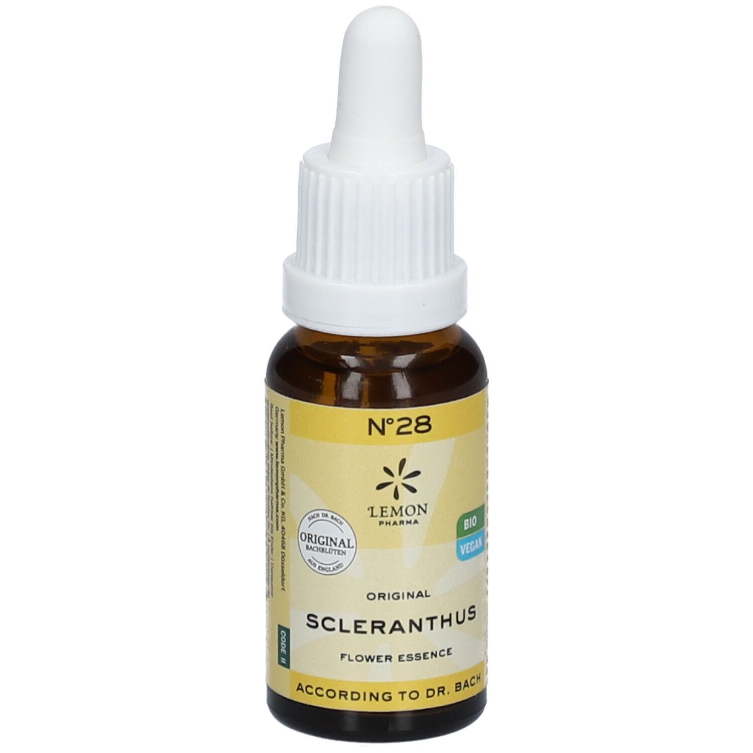 Braune Glasflasche mit weißem Tropfer. Etikett mit gelbem Hintergrund, Text: Scleranthus, Nr. 28, Lemon Pharma, Bio, Vegan.