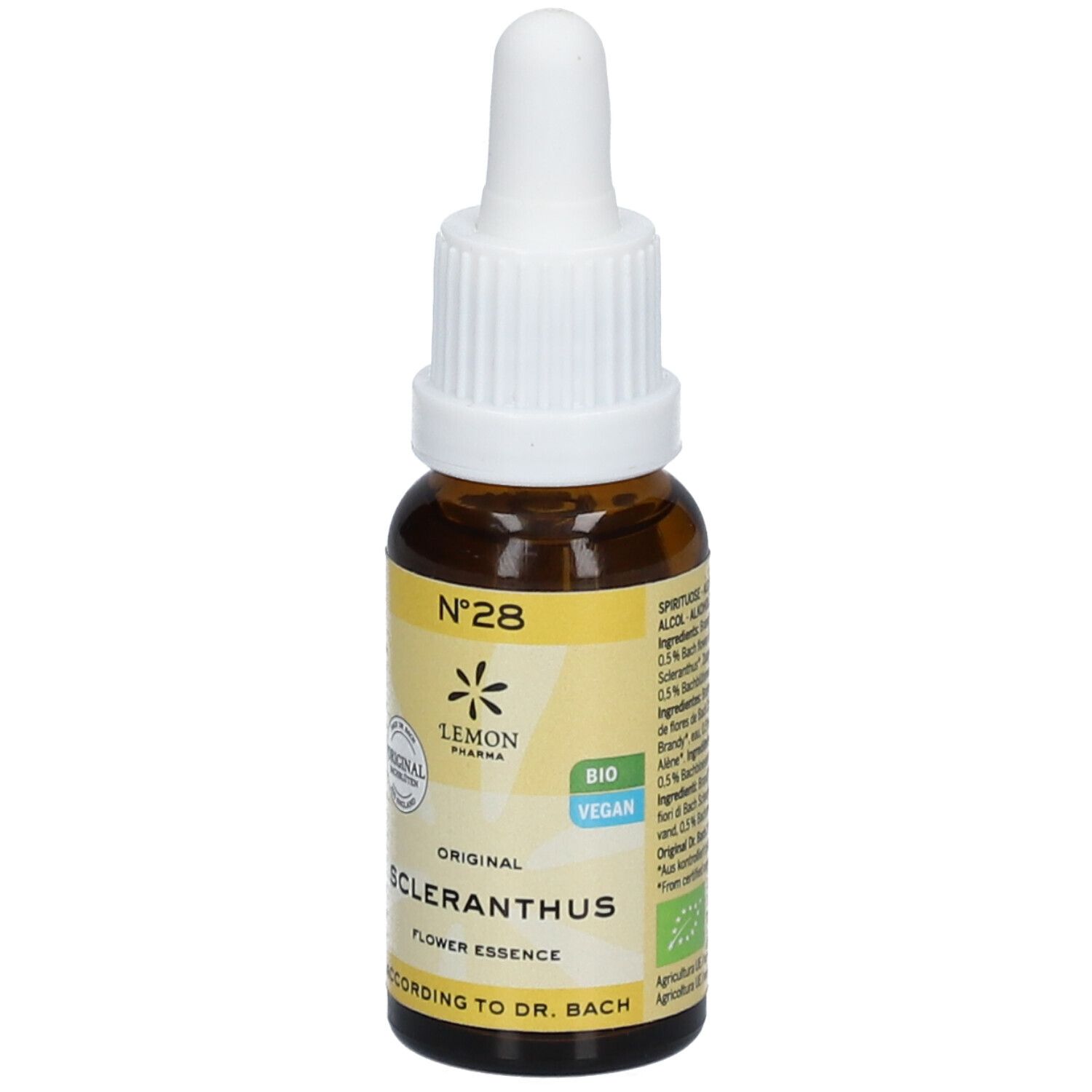 Braune Glasflasche mit weißem Tropfer. Etikett mit gelbem Hintergrund, Text: Scleranthus, Nr. 28, Lemon Pharma, Bio, Vegan.