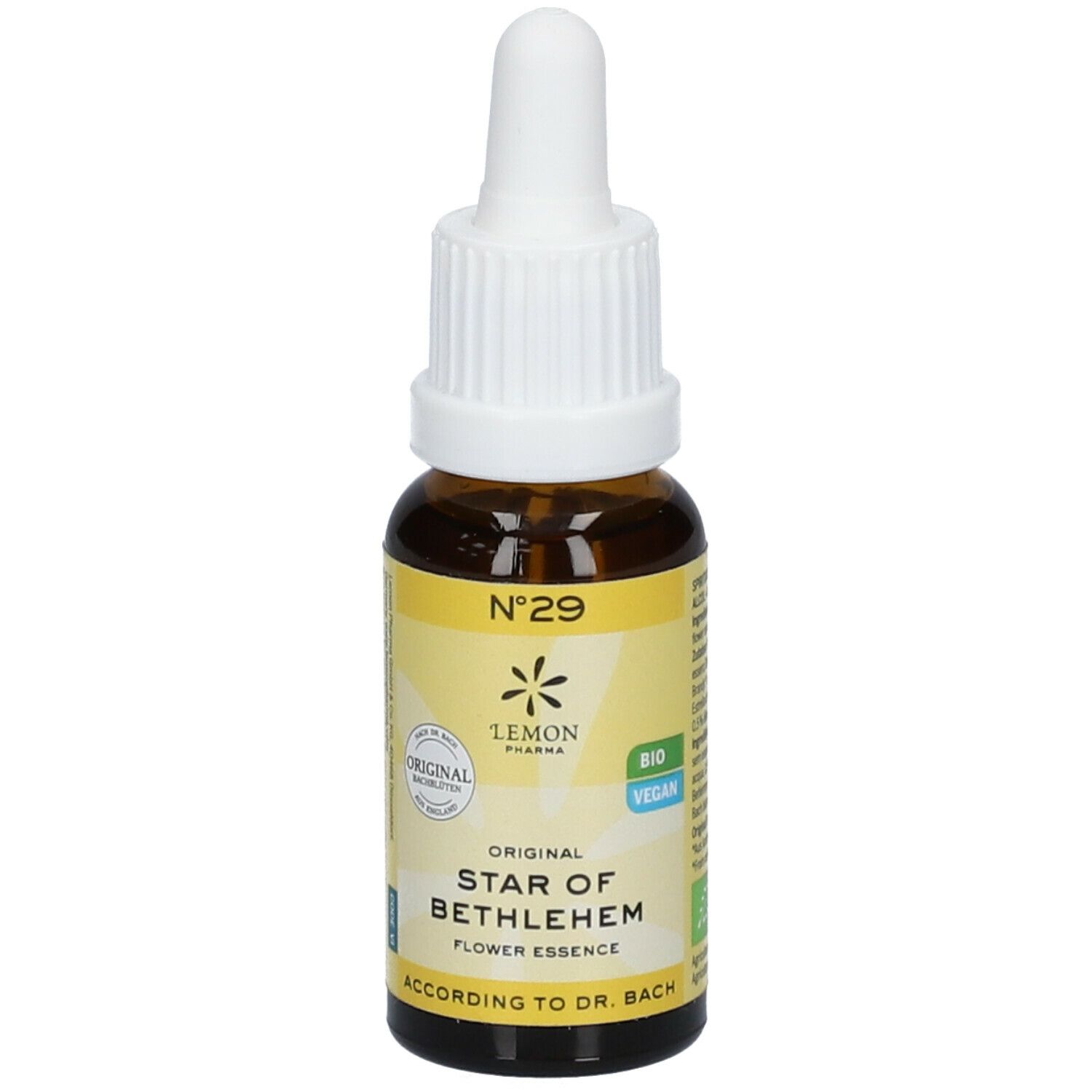 Bruine glazen fles met witte dop en pipet. Geel etiket met tekst: Star of Bethlehem, Nr. 29, Bio, Vegan.