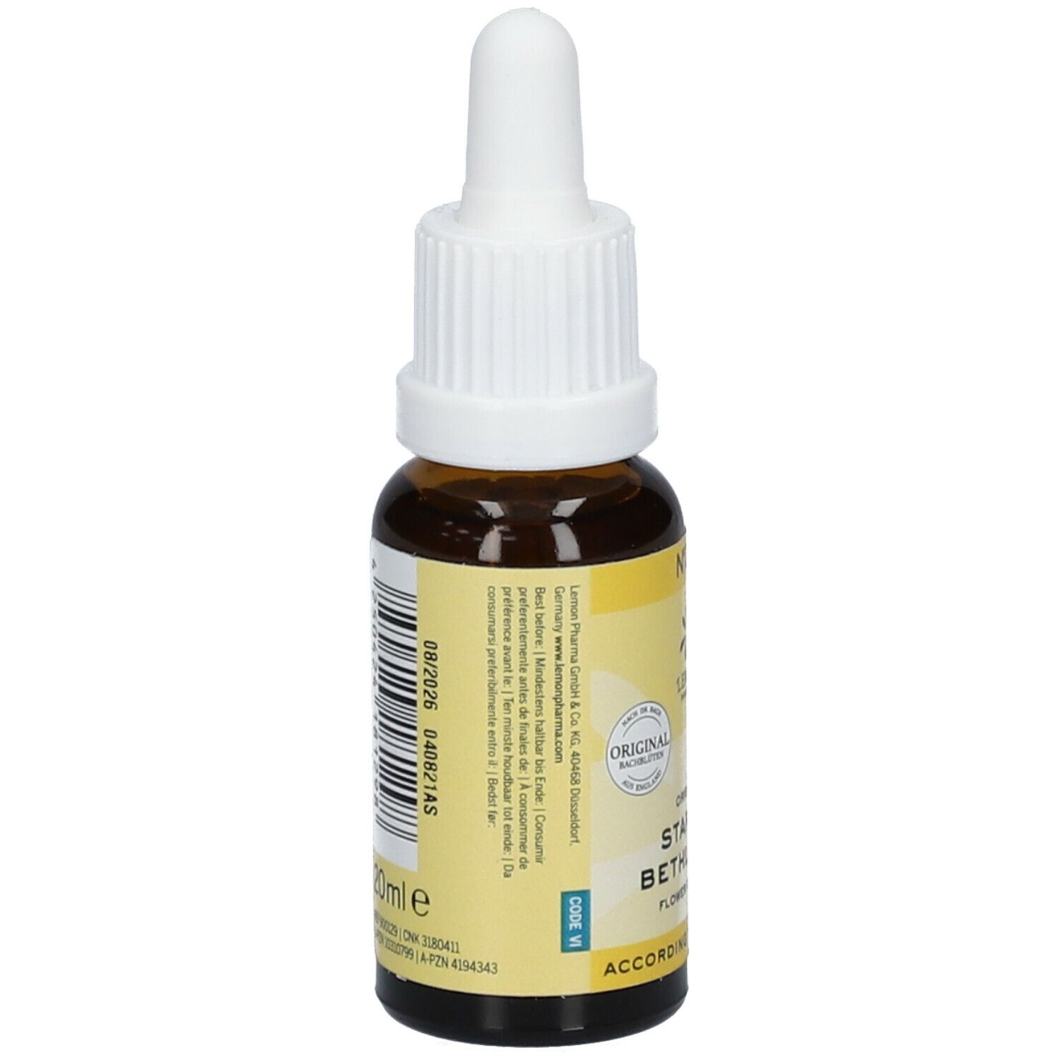 Achteraanzicht van de bruine glazen fles met witte dop. Etiket met tekst en barcode. Volume: 10 ml.