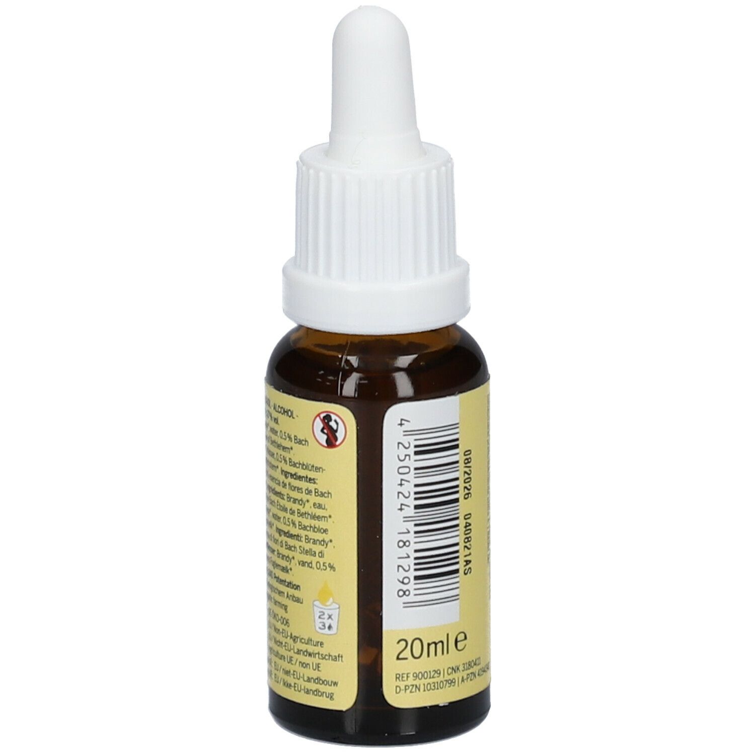 Achteraanzicht van de bruine glazen fles met witte dop. Etiket met tekst en barcode. Volume: 20 ml.