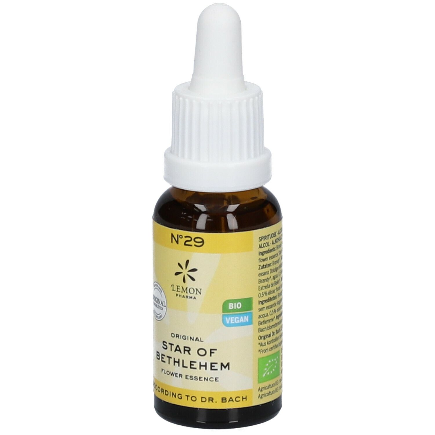 Bruine glazen fles met witte dop en pipet. Geel etiket met tekst: Star of Bethlehem, Nr. 29, Bio, Vegan.
