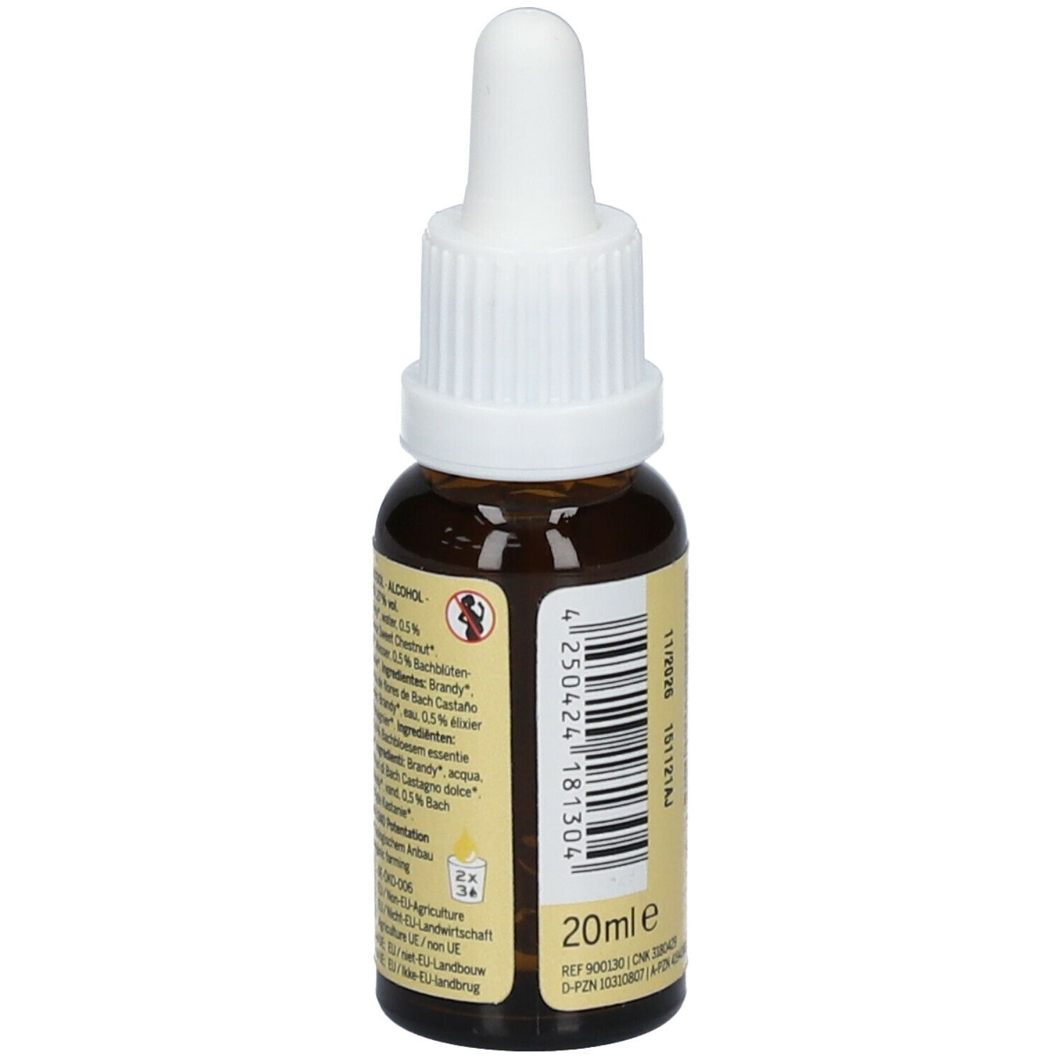 Flacon en verre brun avec compte-gouttes blanc. Dos avec liste d'ingrédients et avertissement. 20ml.
