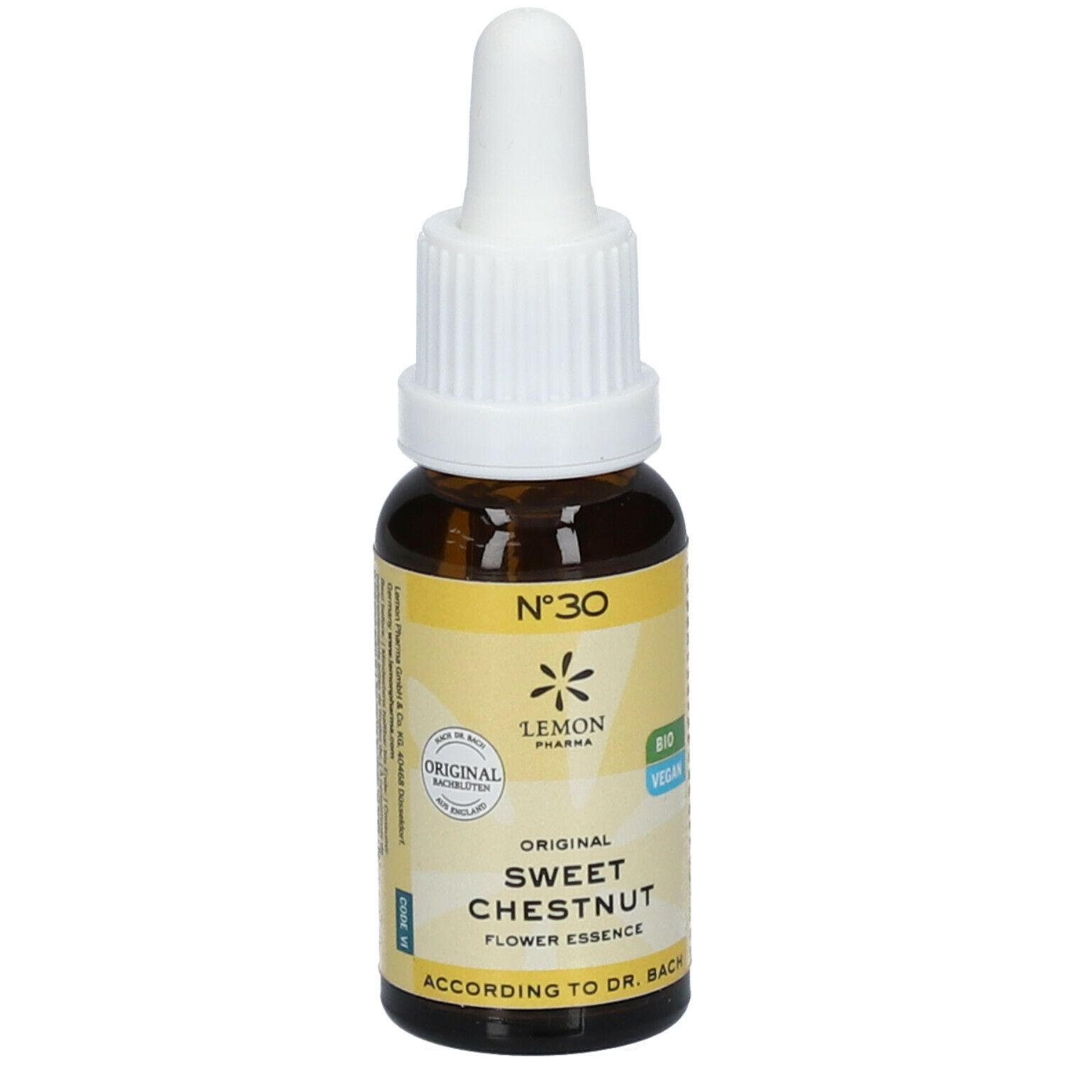 Flacon en verre brun avec compte-gouttes blanc. Étiquette avec informations et logo. "Sweet Chestnut Flower Essence".