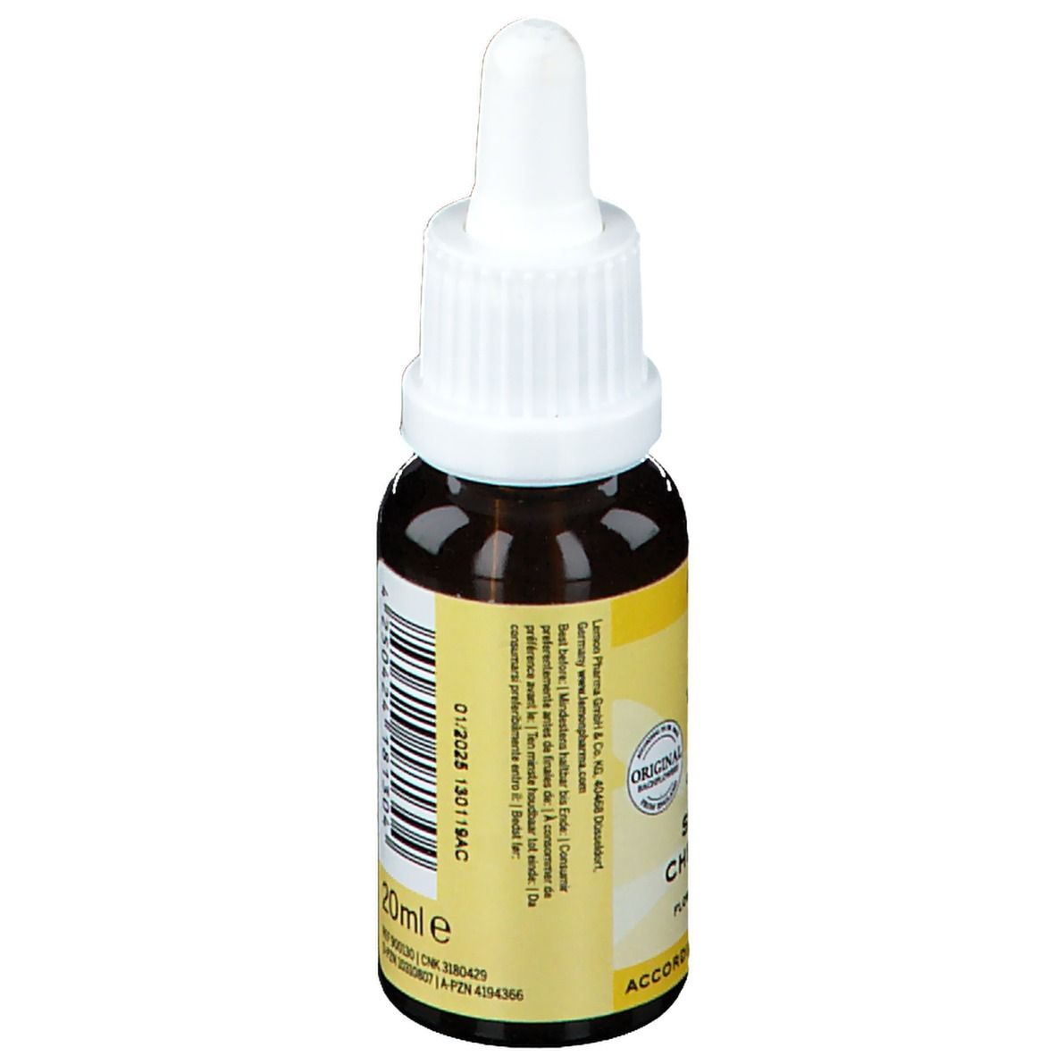 Flacon en verre brun avec compte-gouttes blanc. Dos avec texte et code-barres. Date de péremption 12/2026. 20ml.