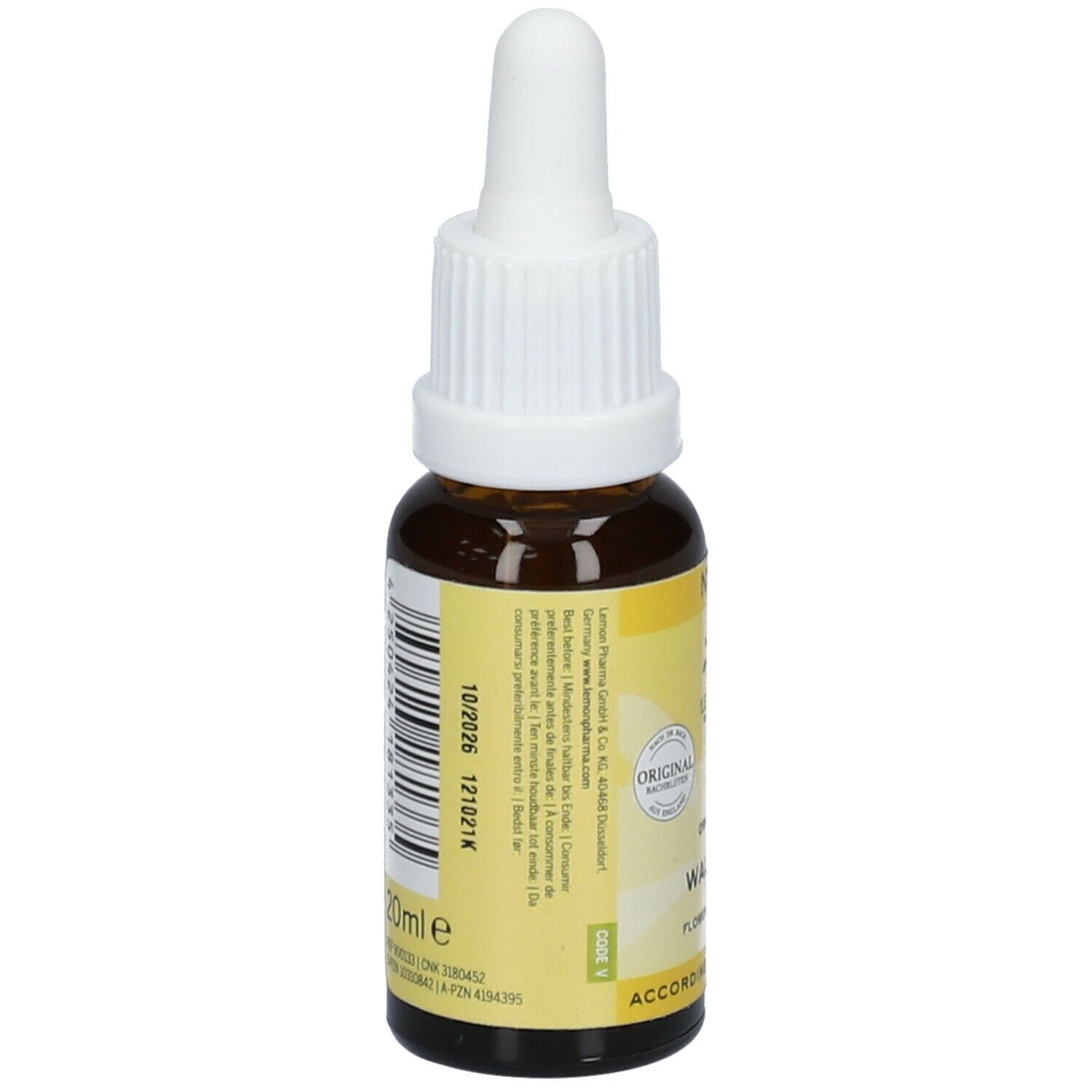 Braune Glasflasche mit weißem Tropfer. Rückseite mit Etikett, Text und Verfallsdatum. 20ml.