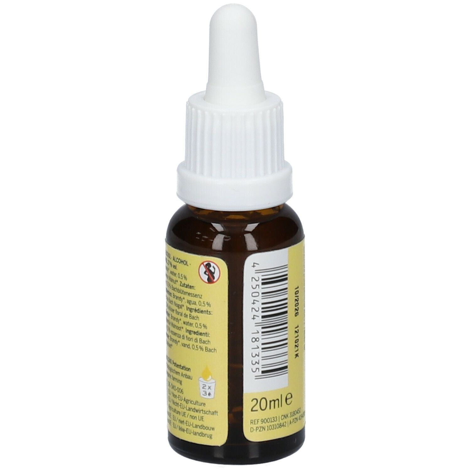 Braune Glasflasche mit weißem Tropfer. Rückseite mit Etikett, Text und Barcode. 20ml.