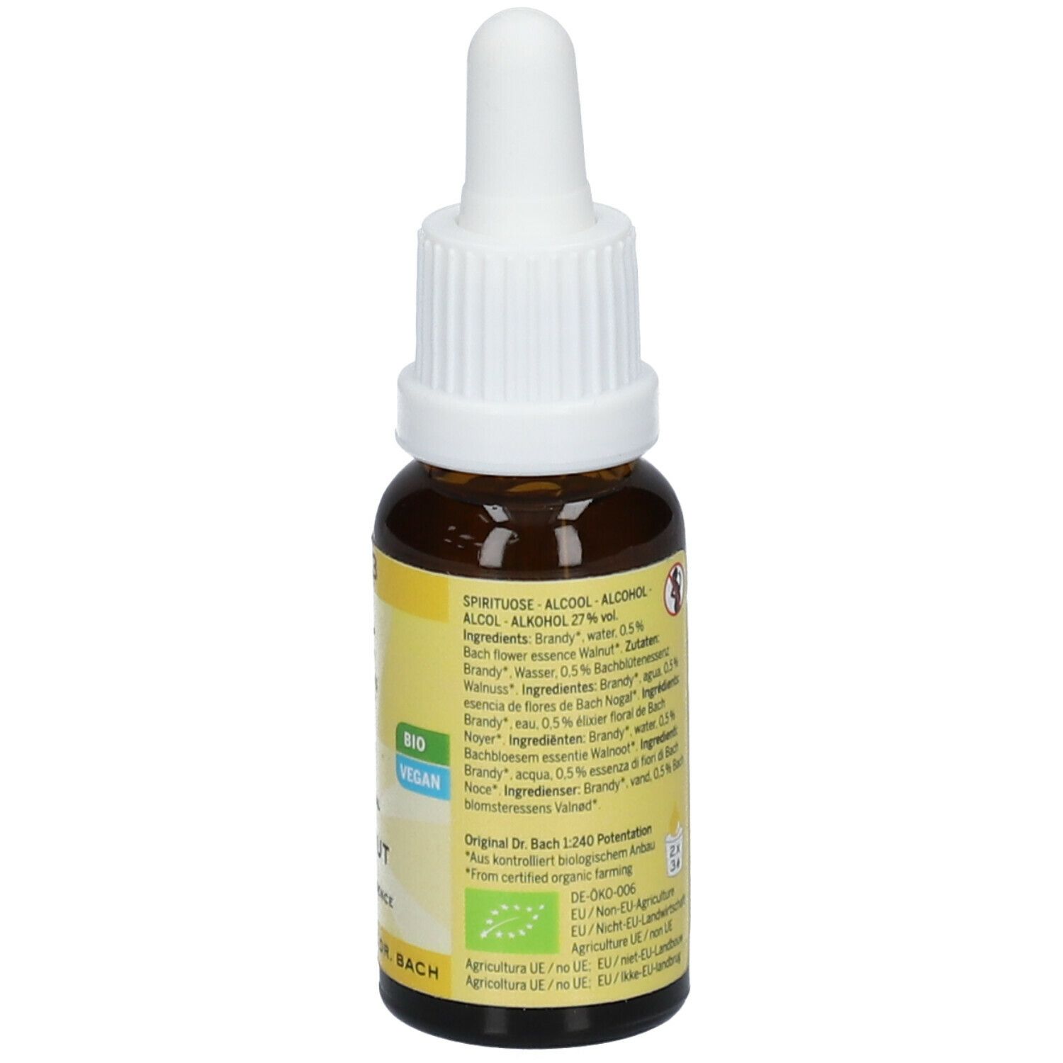 Braune Glasflasche mit weißem Tropfer. Rückseite mit Etikett, Text und Bio-Siegel. 20ml.