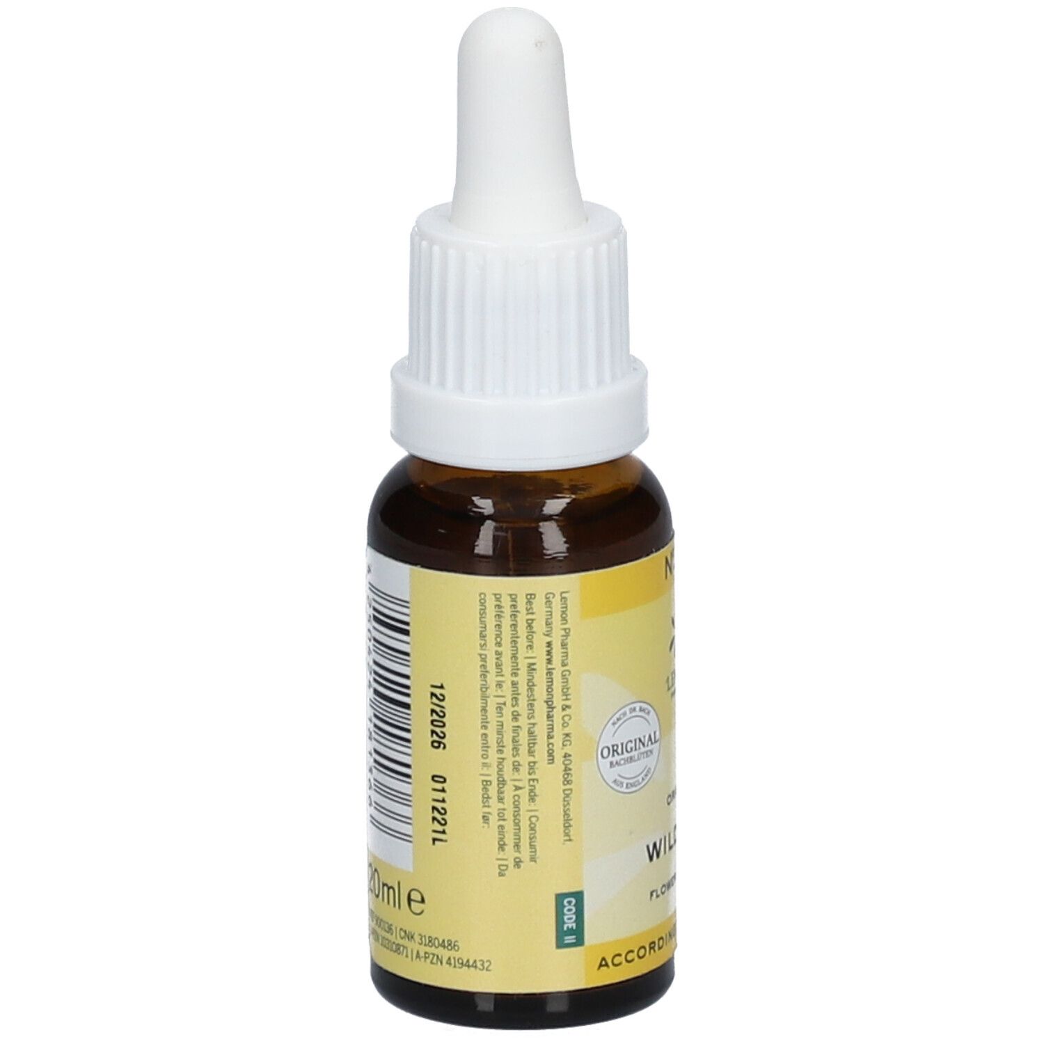 Flacon en verre brun avec compte-gouttes blanc. Étiquette jaune avec texte: Wild Oat, N° 36, Lemon Pharma. Code-barres.