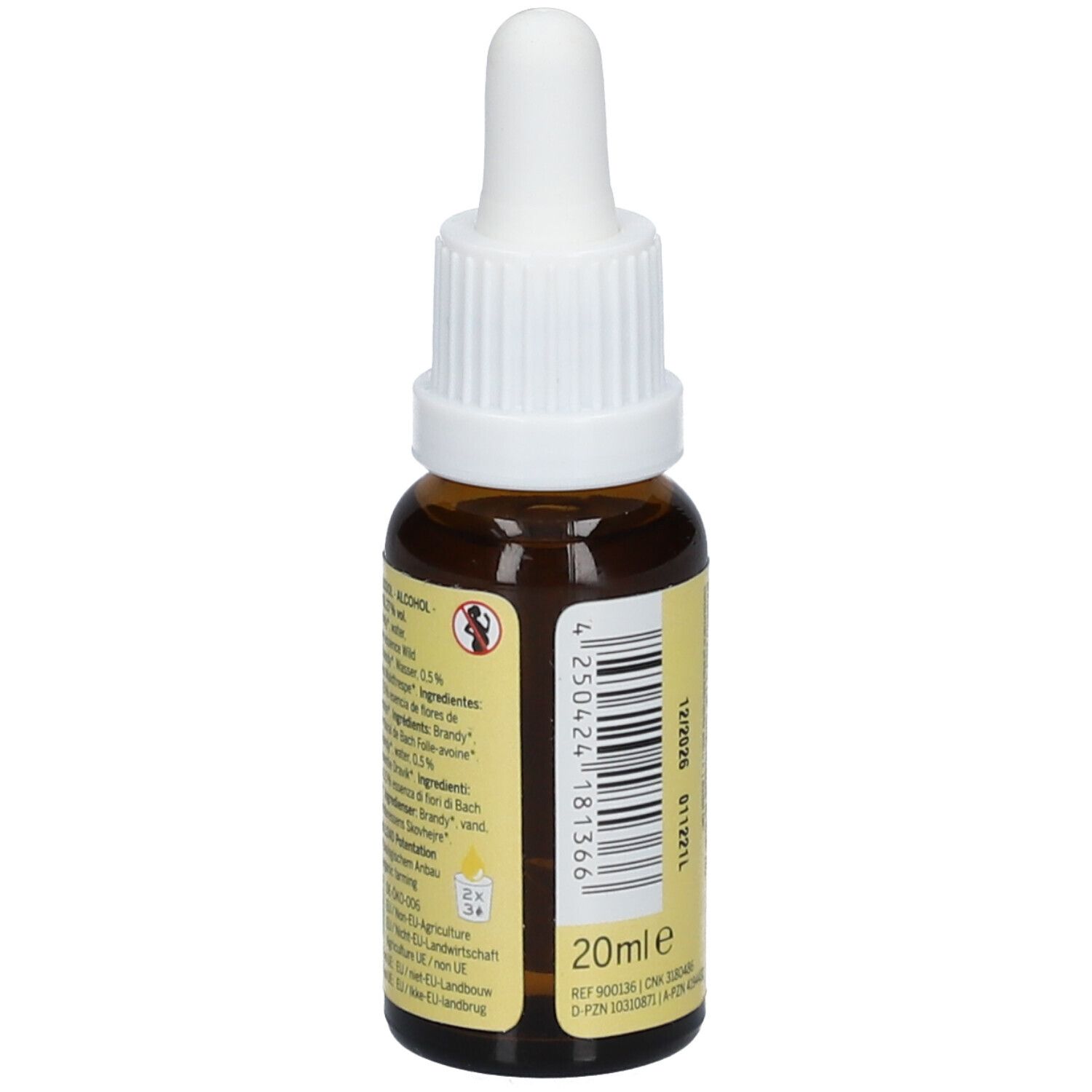 Flacon en verre brun avec compte-gouttes blanc. Étiquette jaune avec texte: 20ml e, ingrédients, code-barres, Lemon Pharma.