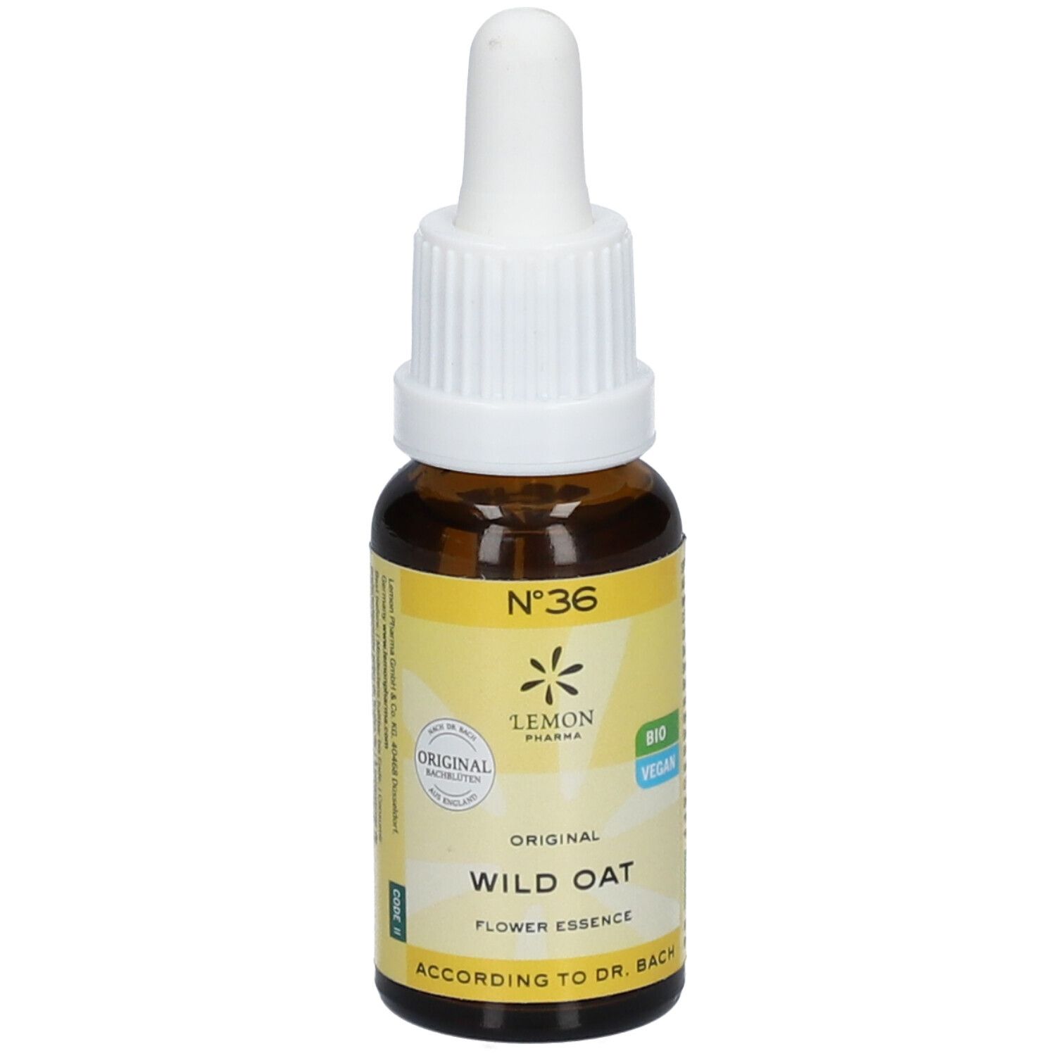 Flacon en verre brun avec compte-gouttes blanc. Étiquette jaune avec texte: Wild Oat, N° 36, Lemon Pharma, Bio Vegan.