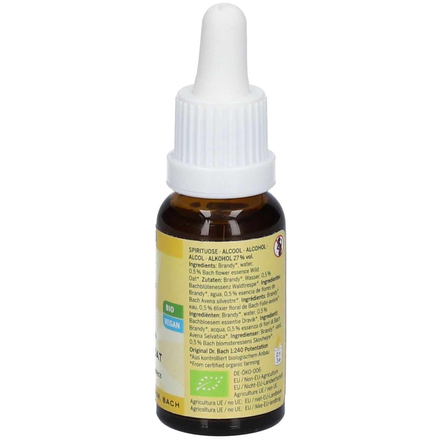 Flacon en verre brun avec compte-gouttes blanc. Étiquette jaune avec texte: Ingrédients, Bio Vegan, Lemon Pharma, 20ml e.
