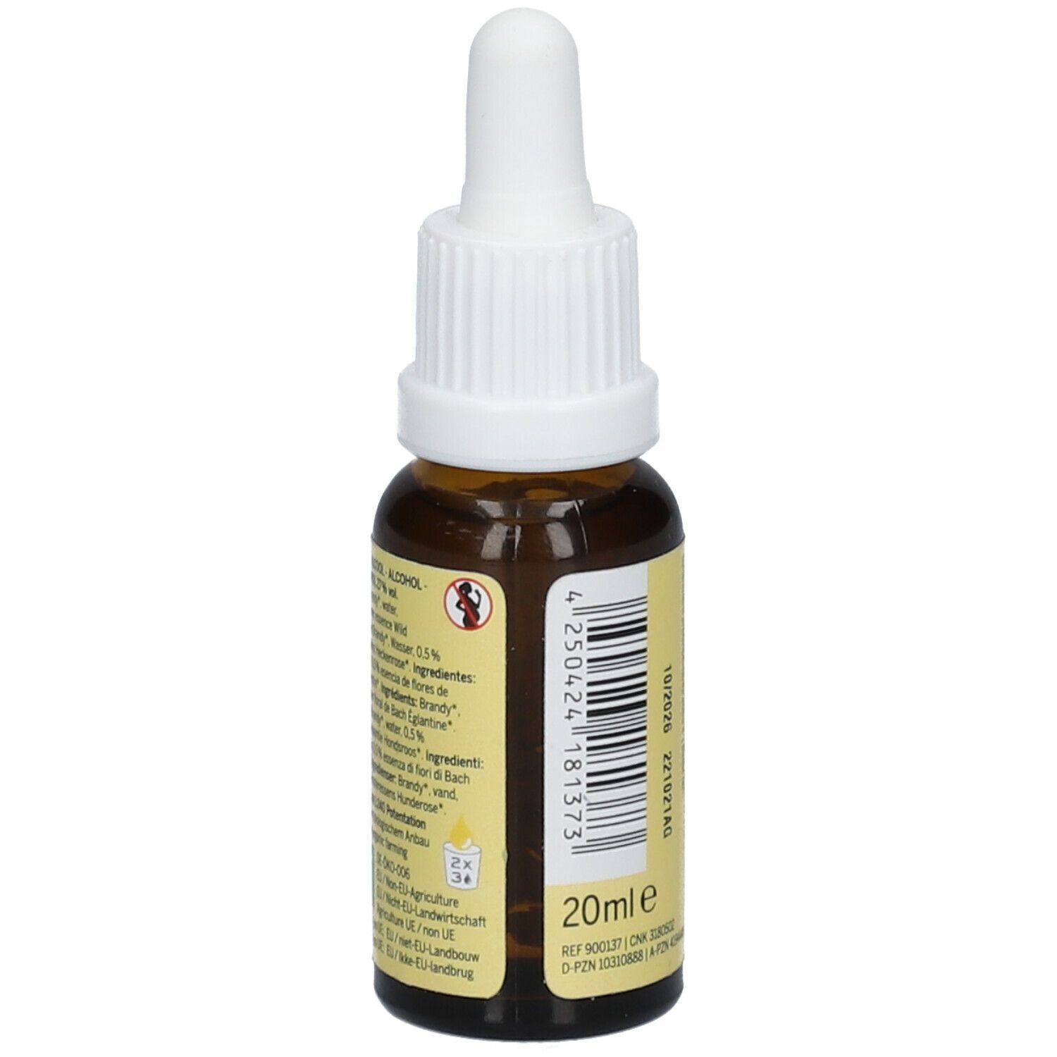 Vue arrière d'un flacon en verre brun avec compte-gouttes blanc. Étiquette avec texte et informations. 20ml.