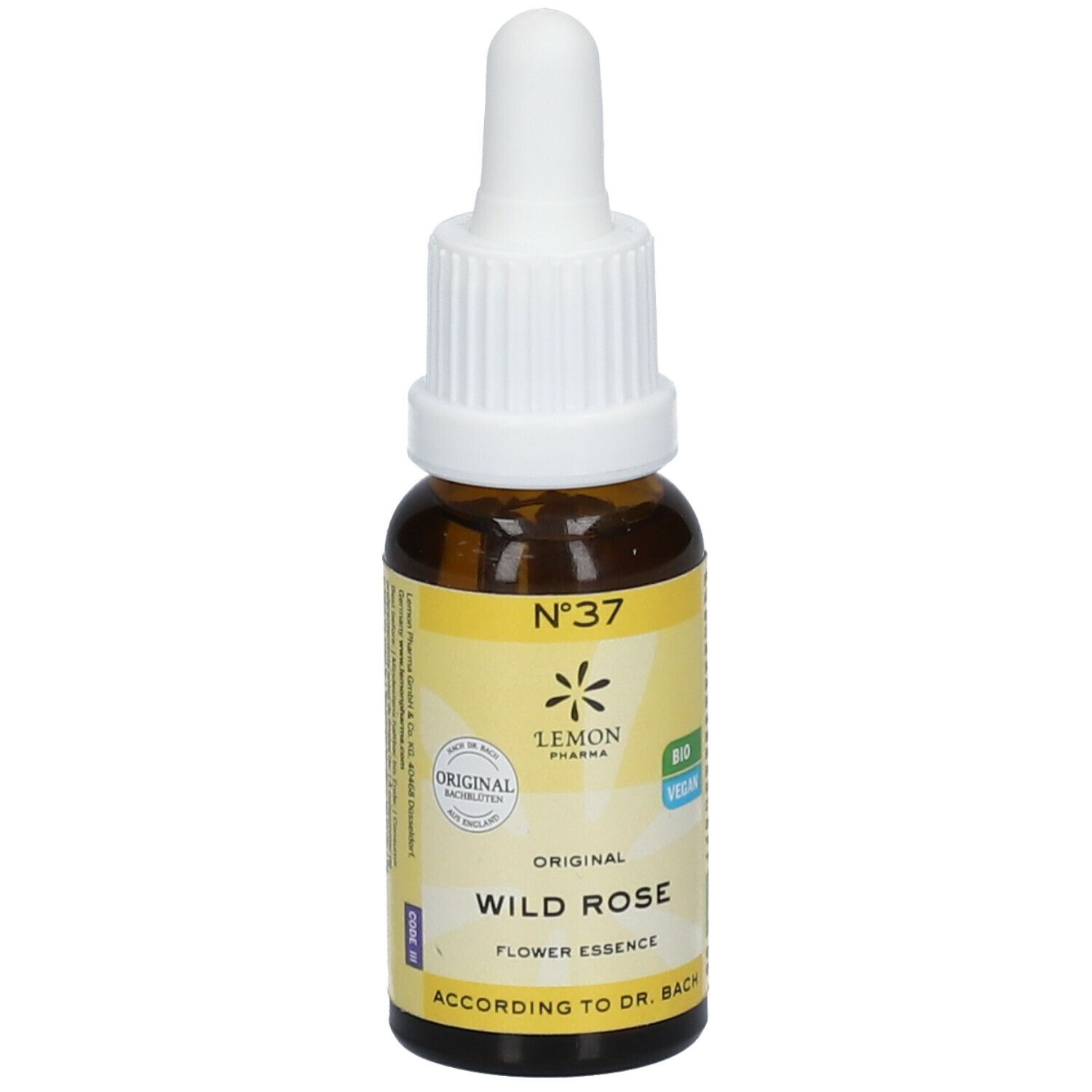 Flacon en verre brun avec compte-gouttes blanc. Étiquette avec texte: Wild Rose, Bio, Vegan. Logo et certifications.