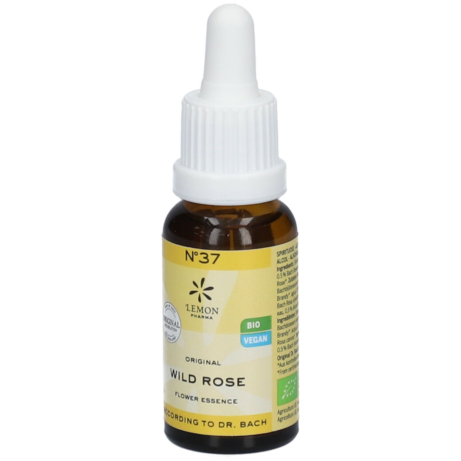 Flacon en verre brun avec compte-gouttes blanc. Étiquette avec texte: Wild Rose, Bio, Vegan. Logo et certifications.