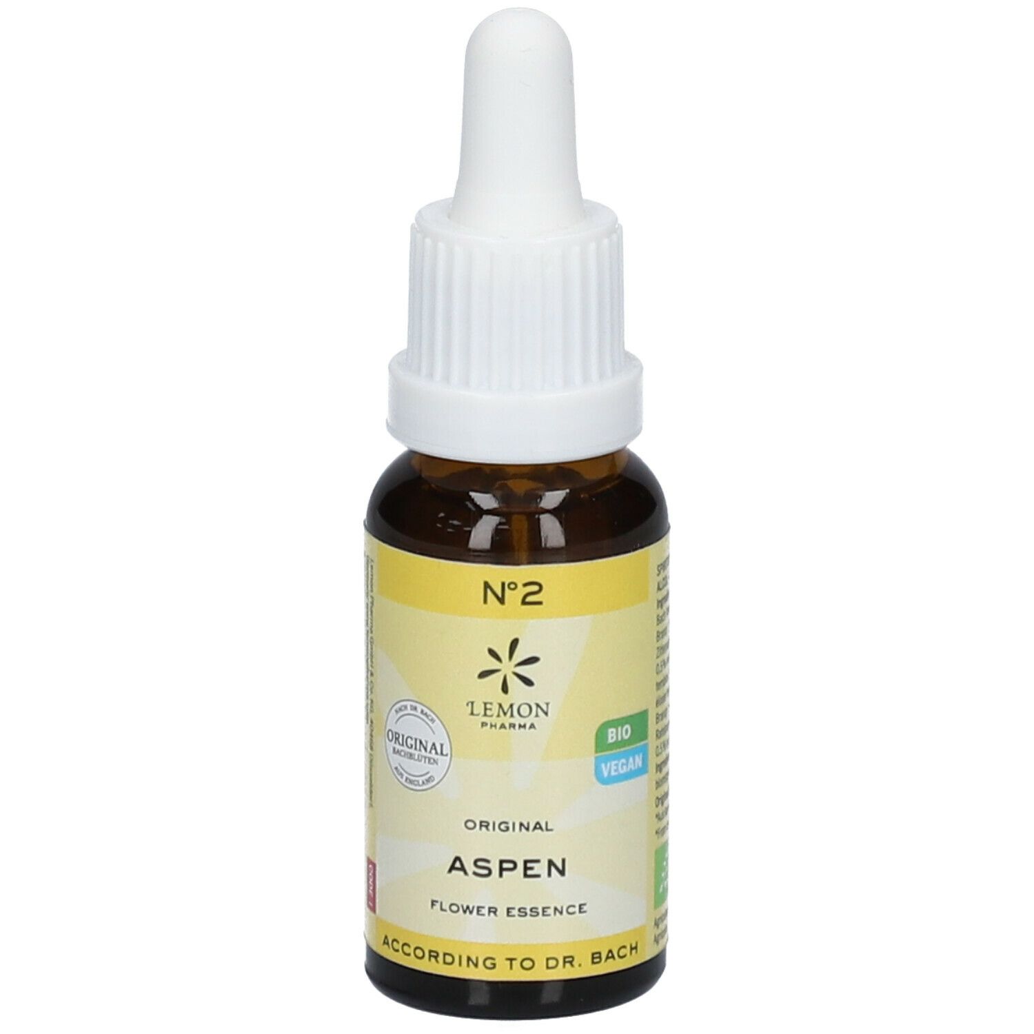 Braune Glasflasche mit Pipette. Etikett mit "Aspen", "Lemon Pharma" und Bio-Siegel. Vegan-Label.