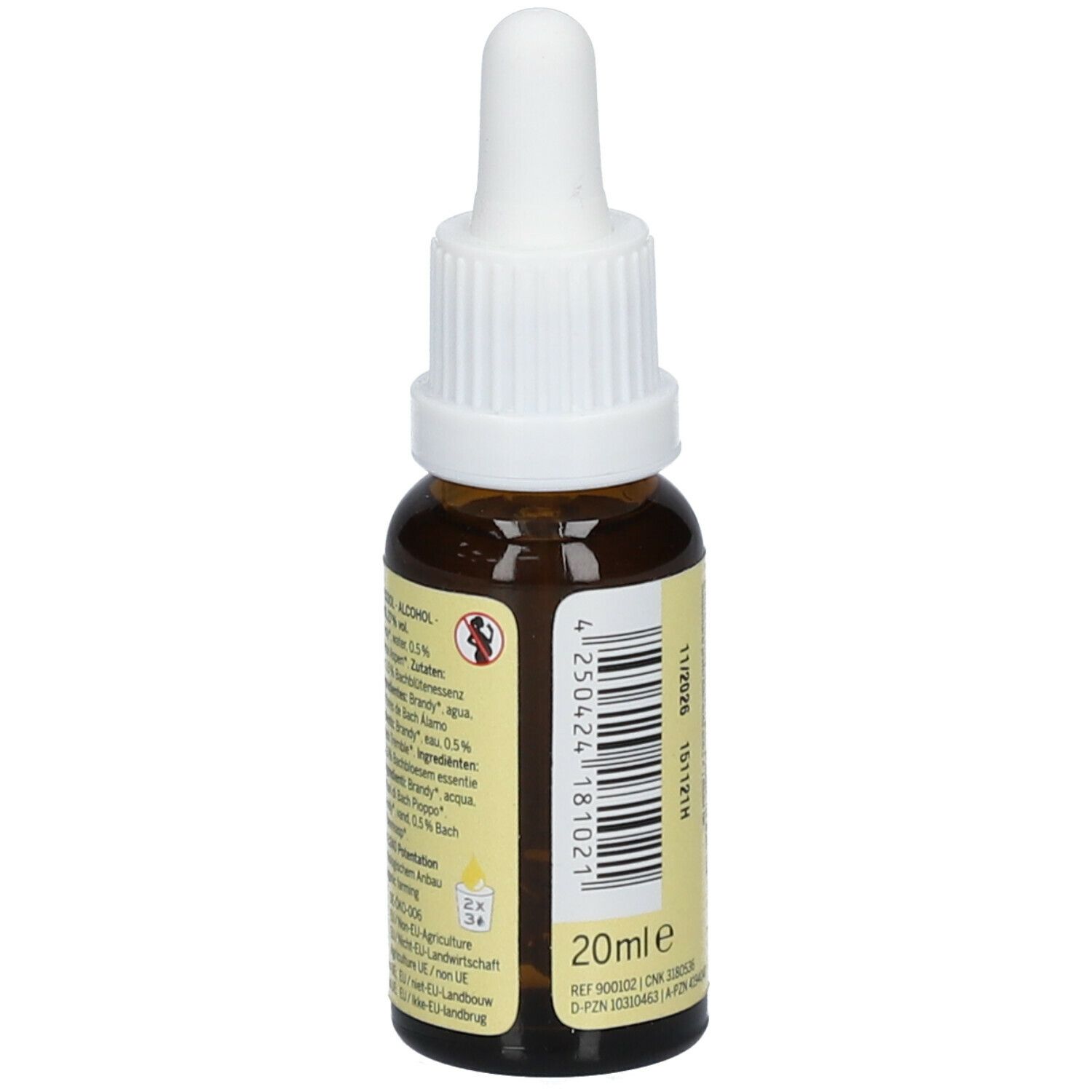 Braune Glasflasche mit Pipette. Rückseite mit Text und Inhaltsangaben. 20ml.
