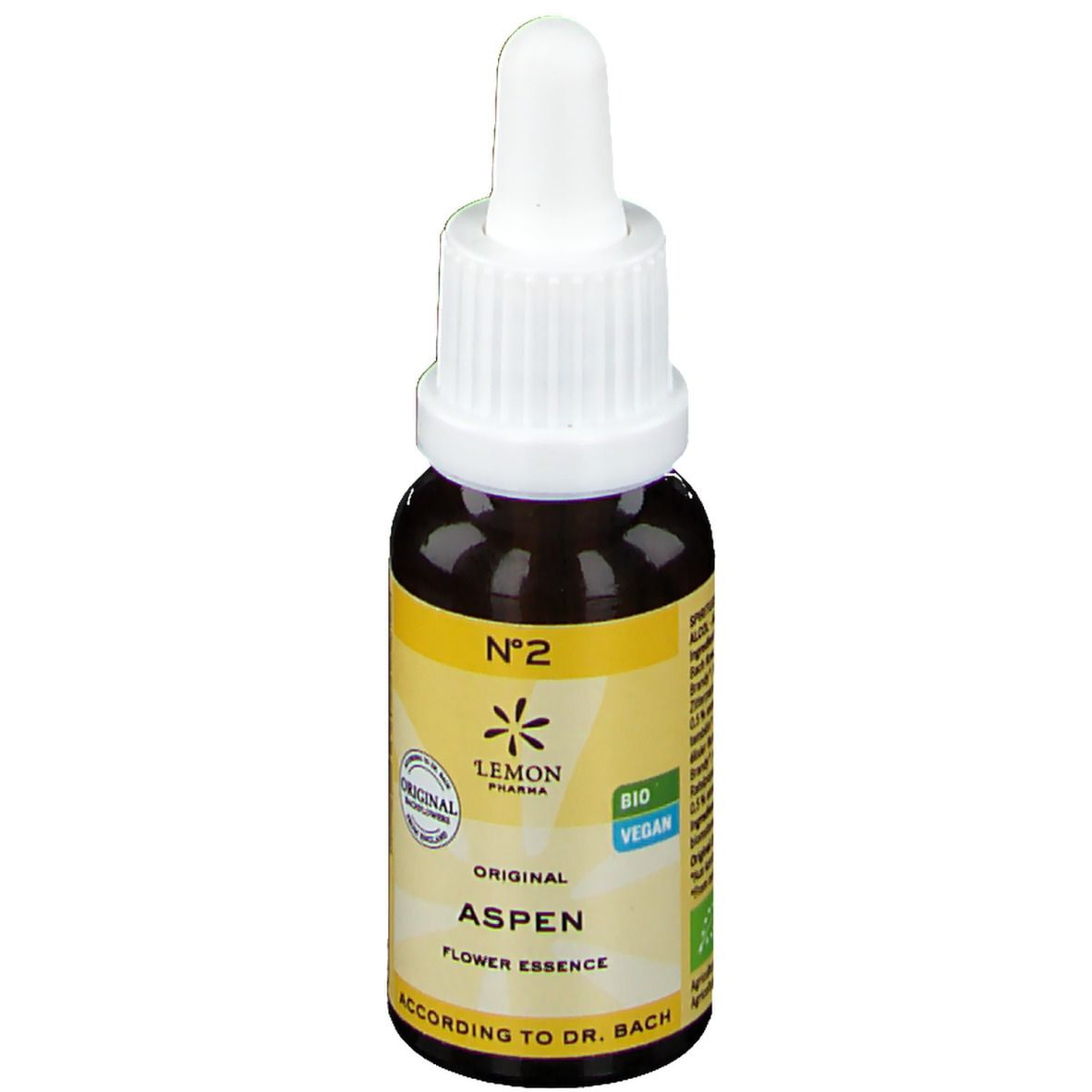 Braune Glasflasche mit Pipette. Etikett mit "Aspen", "Lemon Pharma" und Bio-Siegel. Vegan-Label.