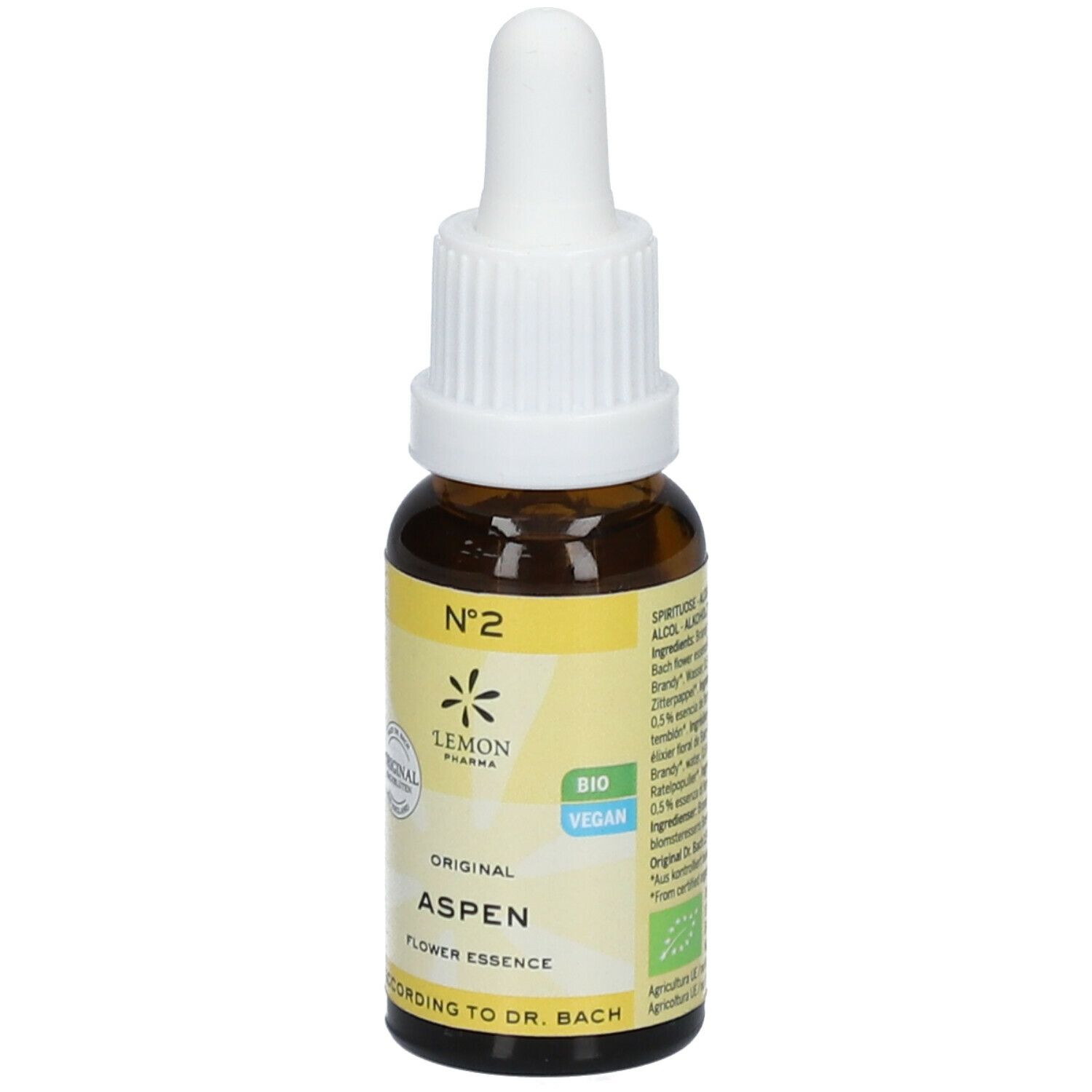 Braune Glasflasche mit Pipette. Etikett mit "Aspen", "Lemon Pharma" und Bio-Siegel. Vegan-Label.