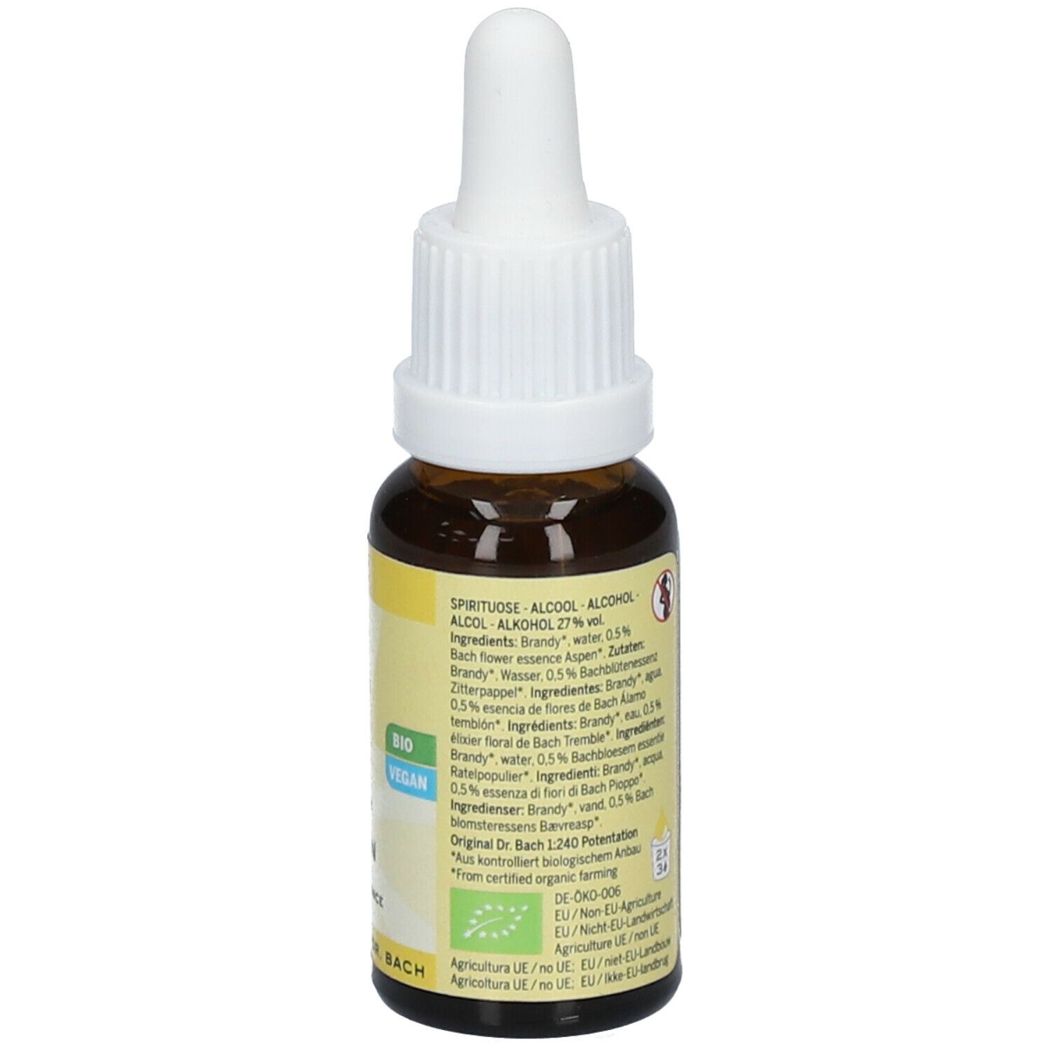 Braune Glasflasche mit Pipette. Rückseite mit Text, Inhaltsstoffen und Bio-Siegel. Vegan-Label.