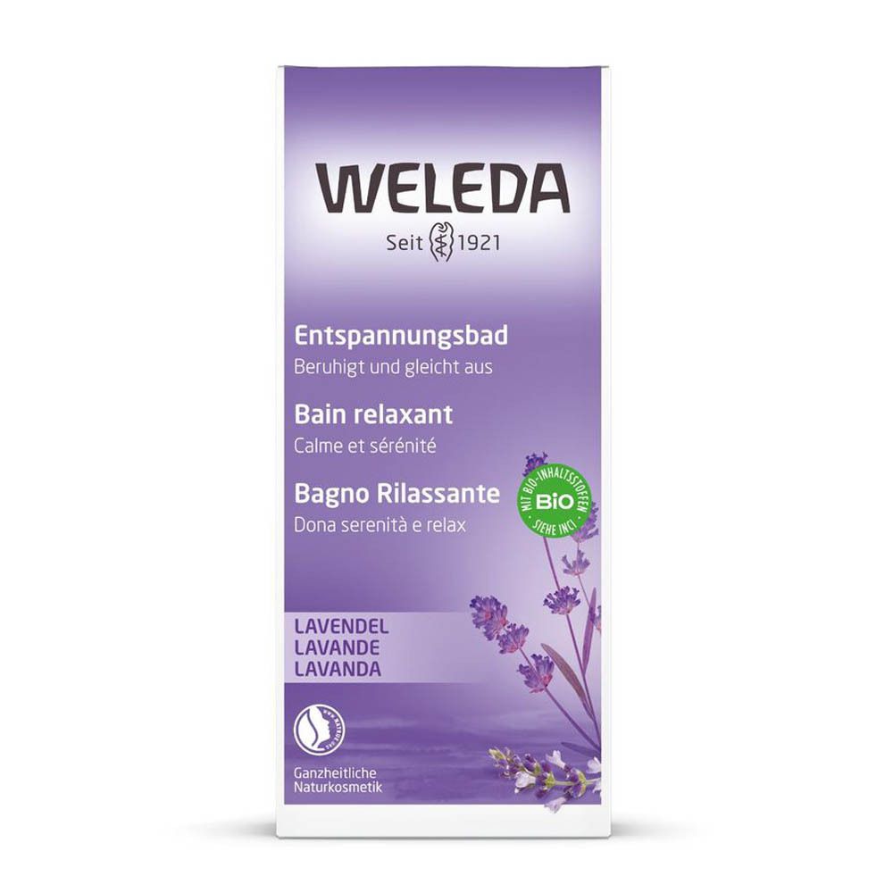 Emballage rectangulaire haut. Violet avec nom du produit, illustration de lavande et logo Weleda.