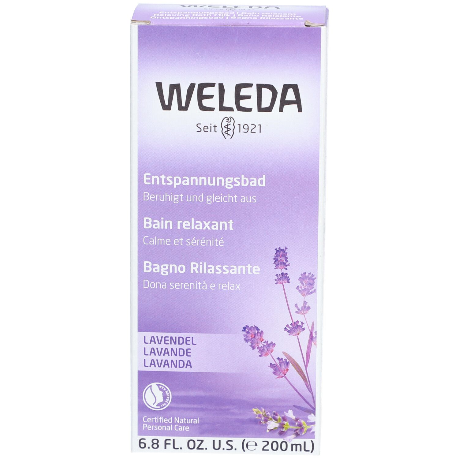 Emballage rectangulaire haut. Violet avec nom du produit, illustration de lavande et logo Weleda.