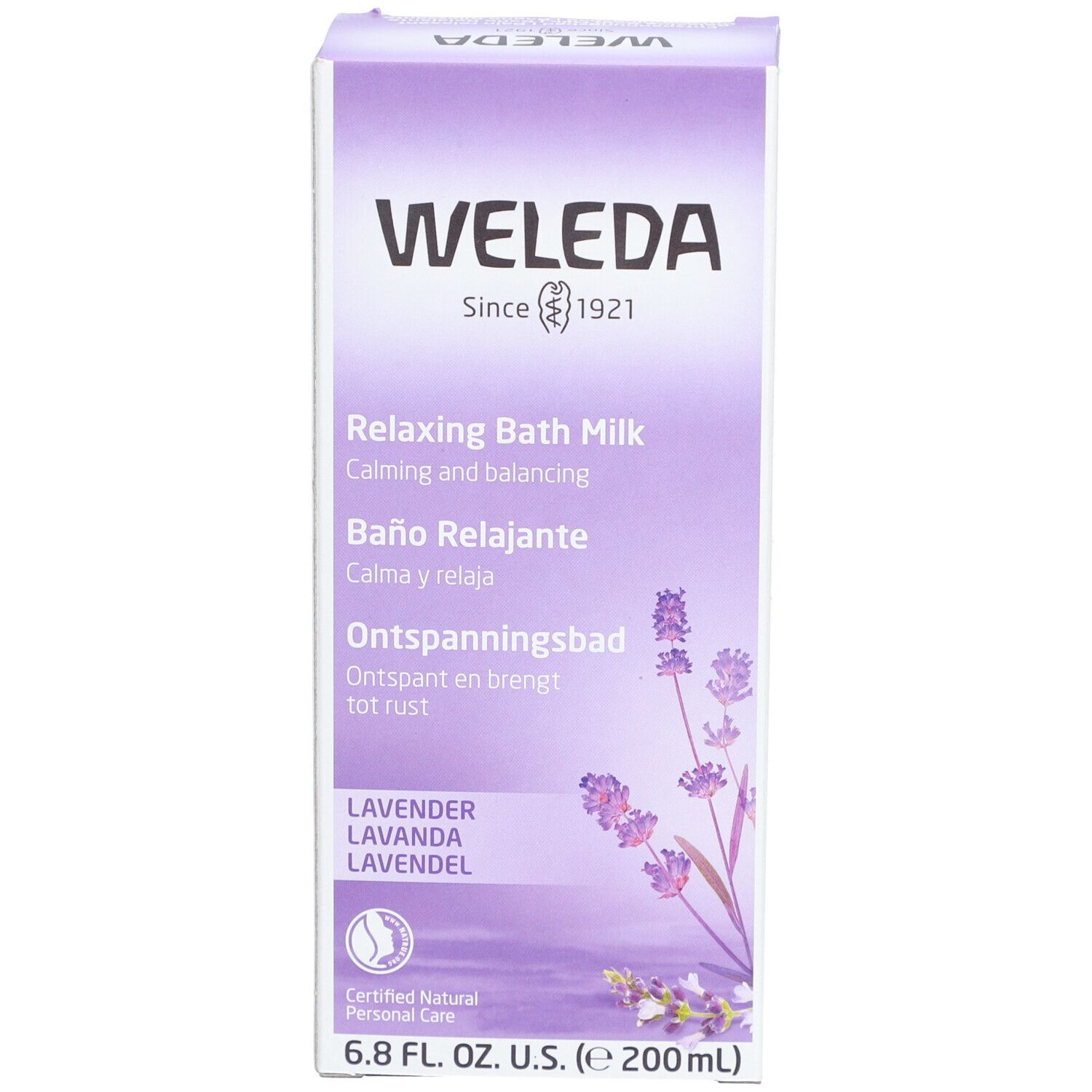 Emballage, face avant. Nom du produit, illustration de lavande et logo Weleda.
