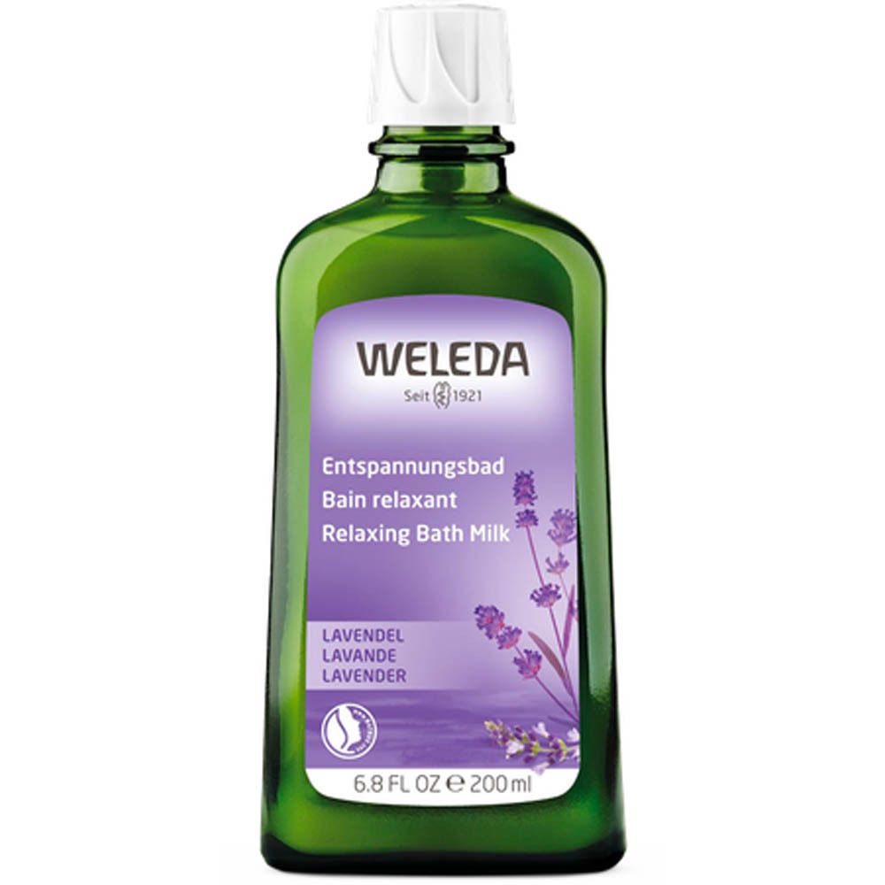 Emballage rectangulaire haut. Violet avec nom du produit, illustration de lavande et logo Weleda.