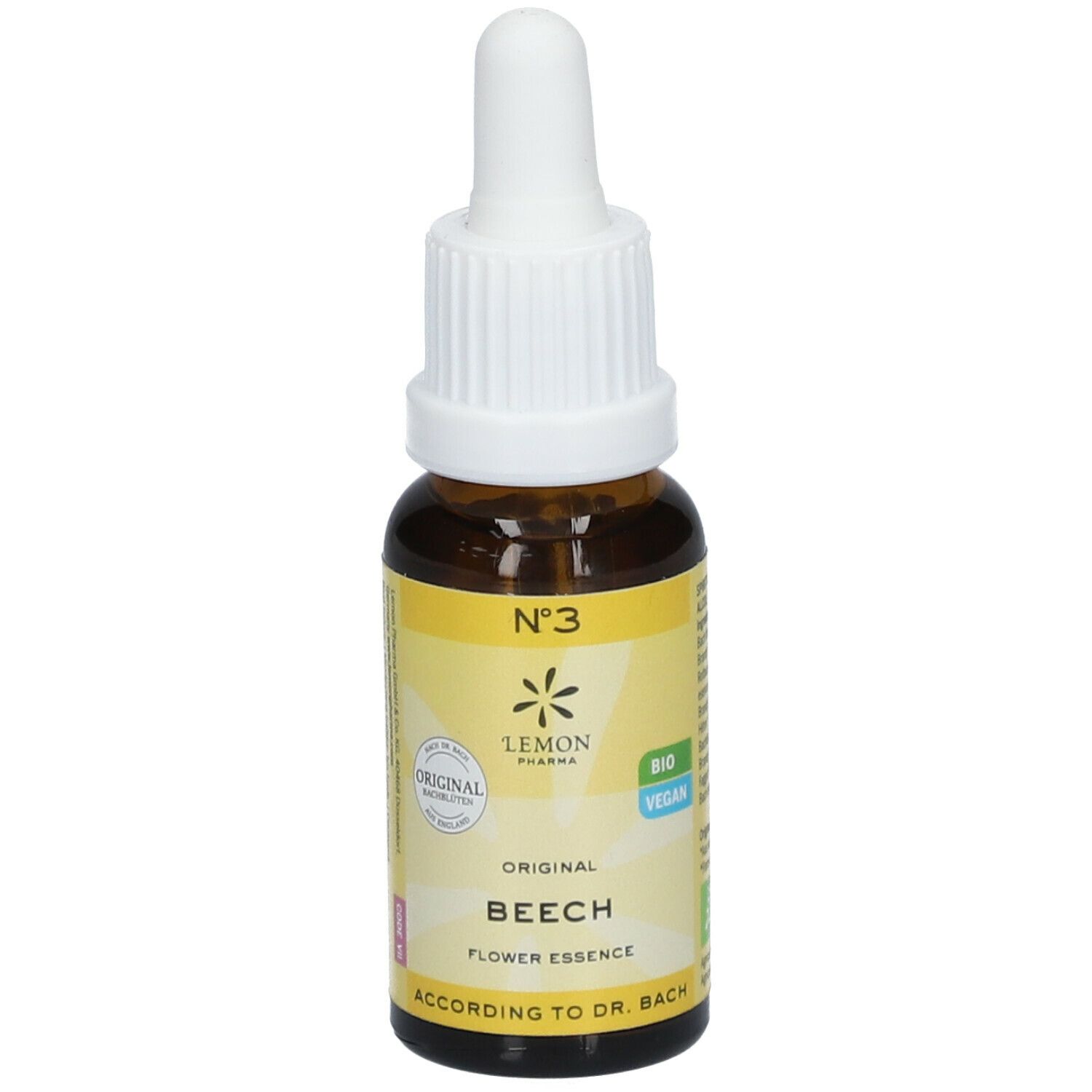 Flacon en verre brun avec étiquette jaune. Inscription : Nr. 3, Lemon Pharma, Original Beech Flower Essence. Avec pipette.