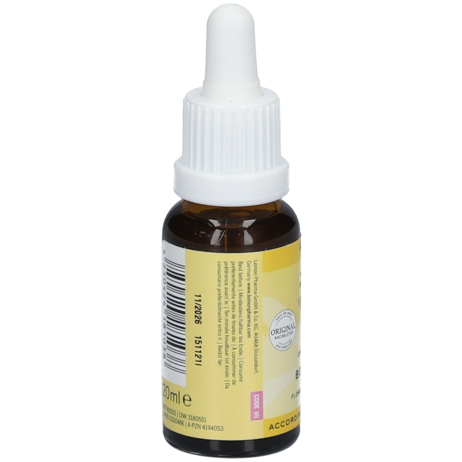 Flacon en verre brun avec étiquette jaune. Inscription : 20ml, 11/2026, 1511211. Informations au dos. Avec pipette.