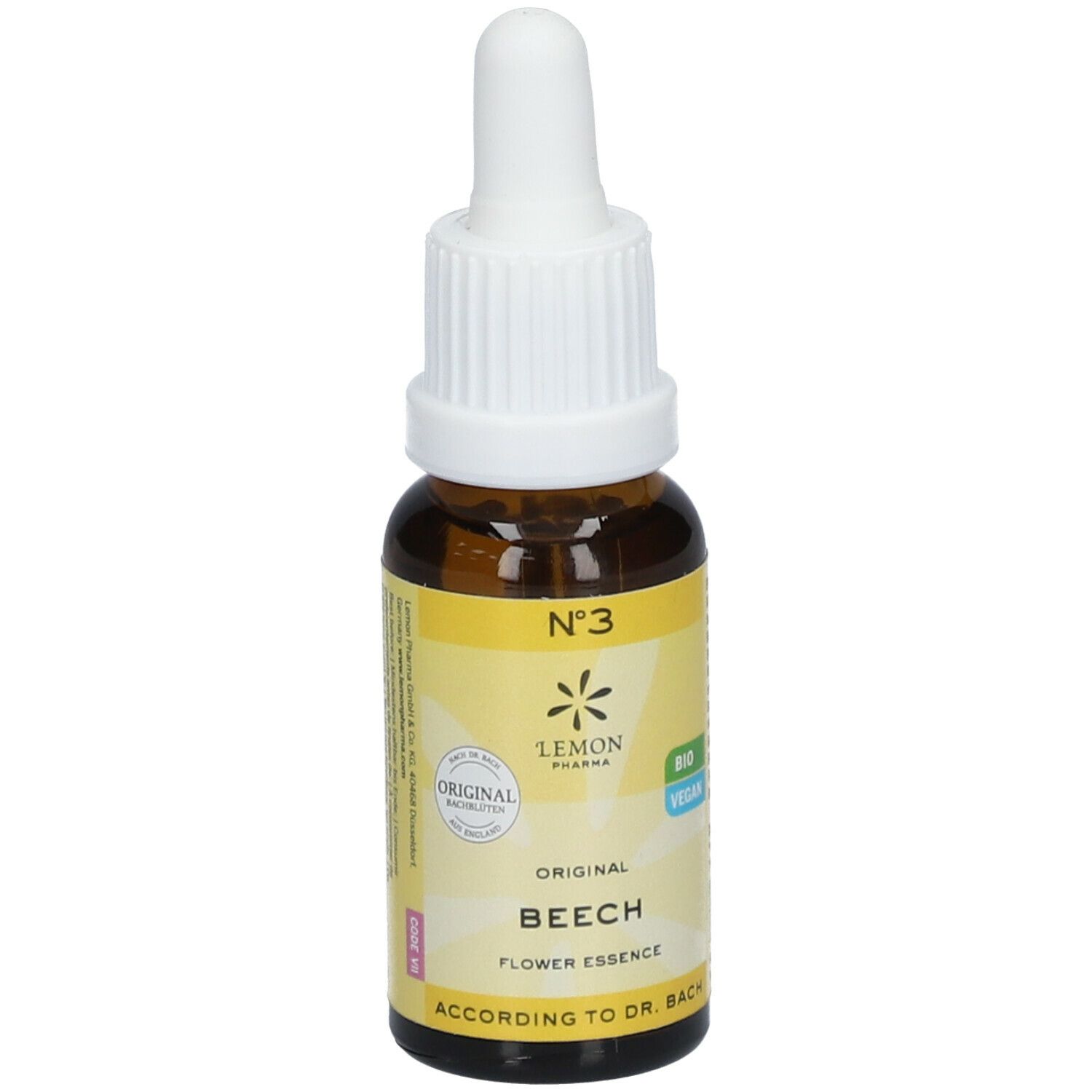 Flacon en verre brun avec étiquette jaune. Inscription : Nr. 3, Lemon Pharma, Original Beech Flower Essence. Avec pipette.