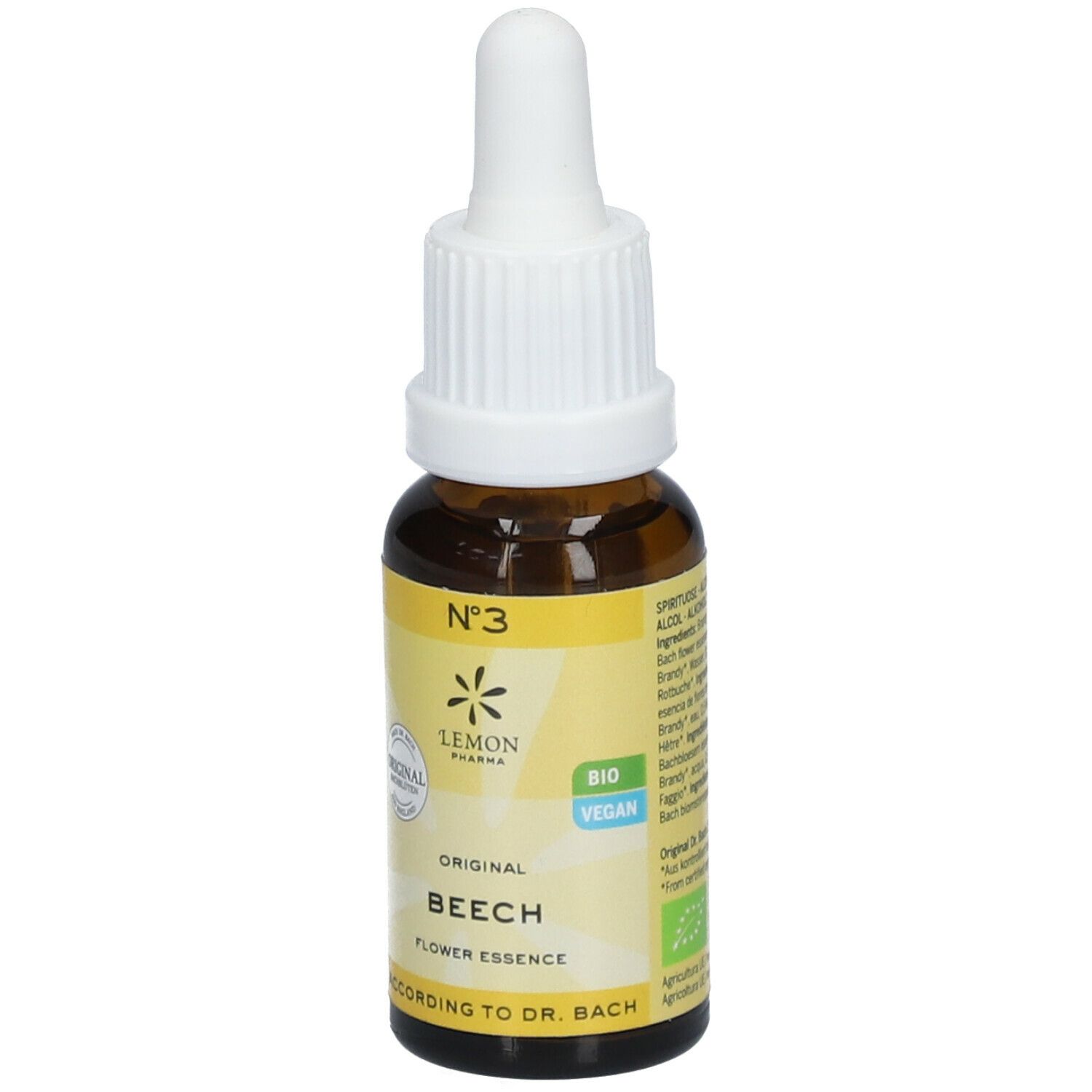 Flacon en verre brun avec étiquette jaune. Inscription : Nr. 3, Lemon Pharma, Original Beech Flower Essence. Avec pipette.