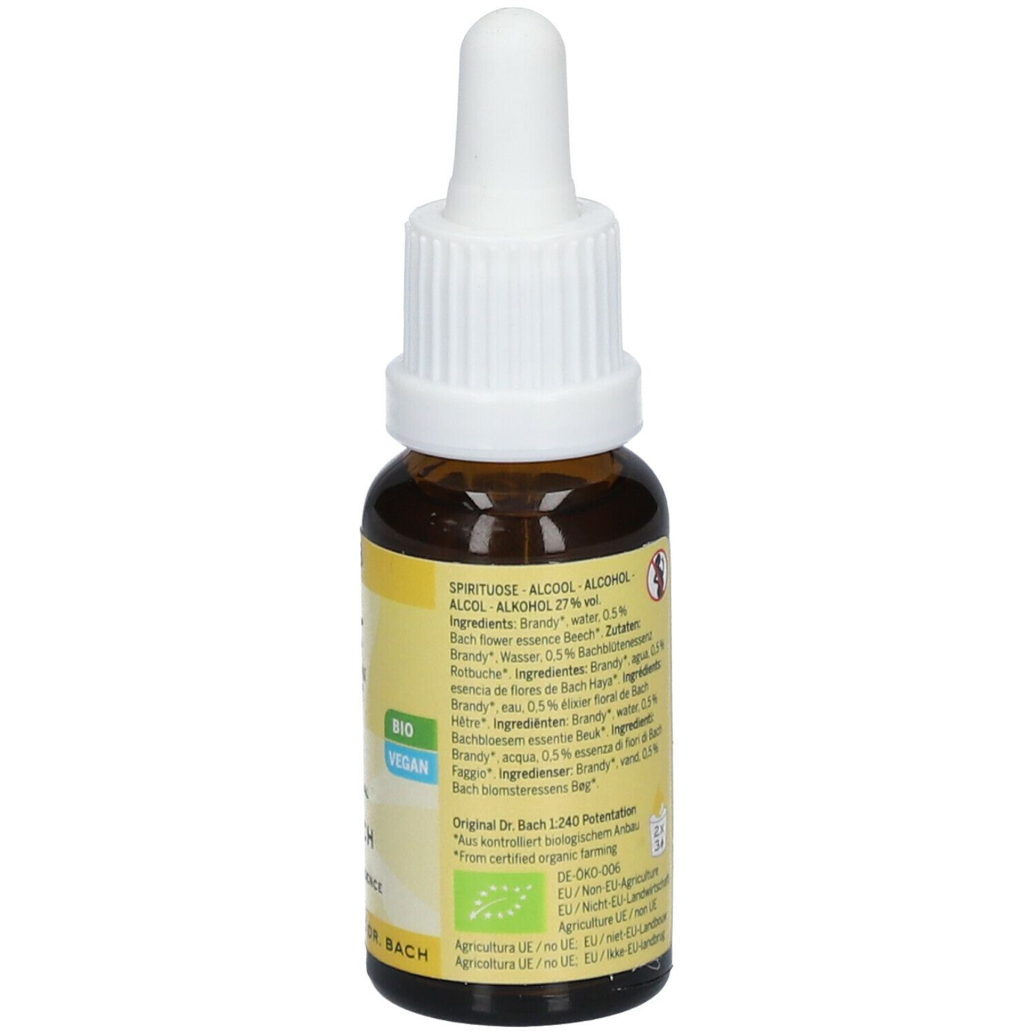 Flacon en verre brun avec étiquette jaune. Inscription : Spiritueux, Alcool 27% vol. Informations sur les ingrédients au dos. Avec pipette.