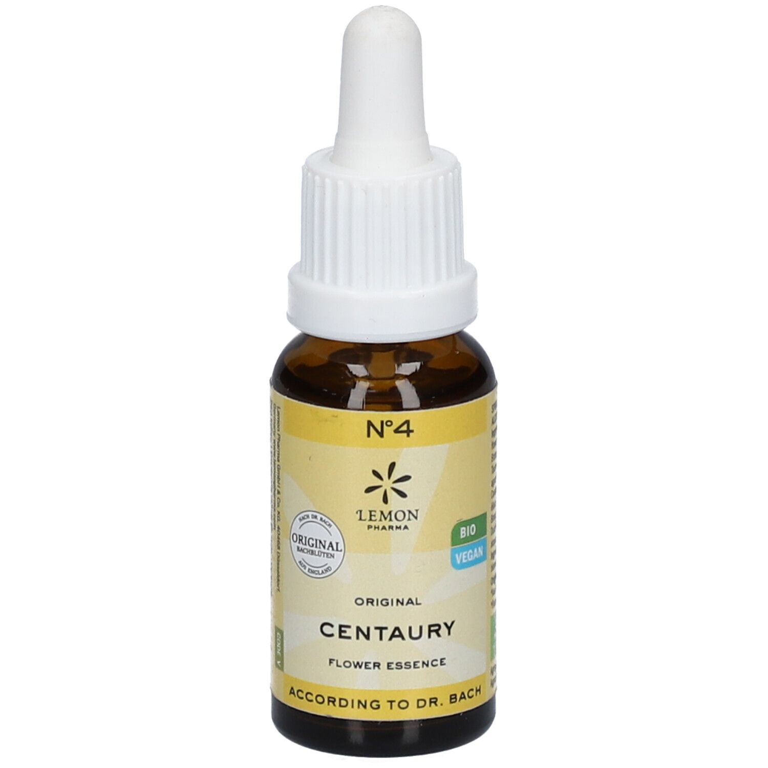 Flacon en verre brun avec compte-gouttes blanc. Inscription : Centaury, Flower Essence, Original, Bio, Vegan. Étiquette jaune.