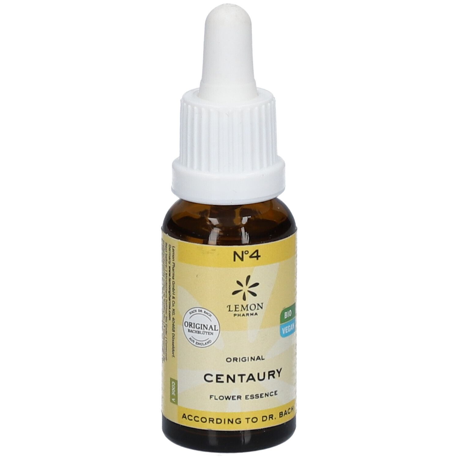 Flacon en verre brun avec compte-gouttes blanc. Inscription : Centaury, Flower Essence, Original, Bio, Vegan. Étiquette jaune.