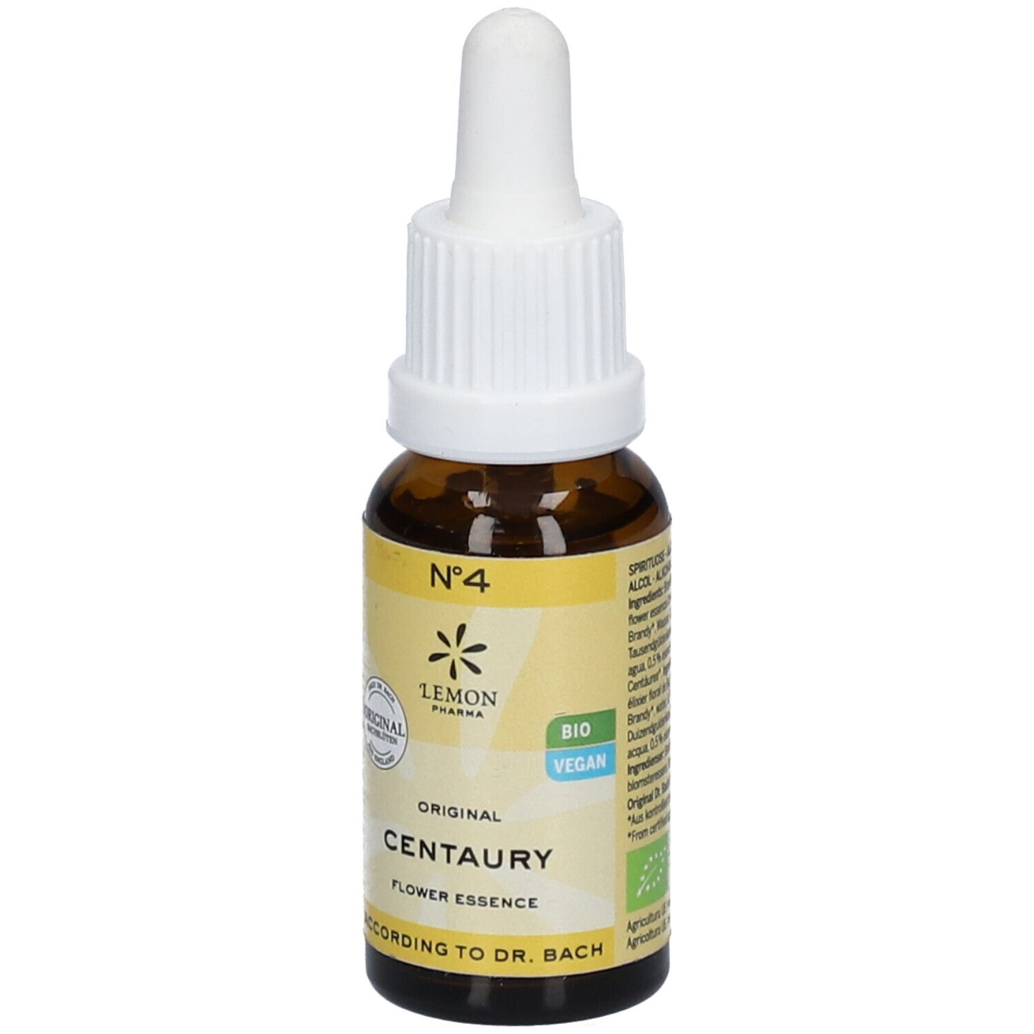 Flacon en verre brun avec compte-gouttes blanc. Inscription : Centaury, Flower Essence, Original, Bio, Vegan. Étiquette jaune.