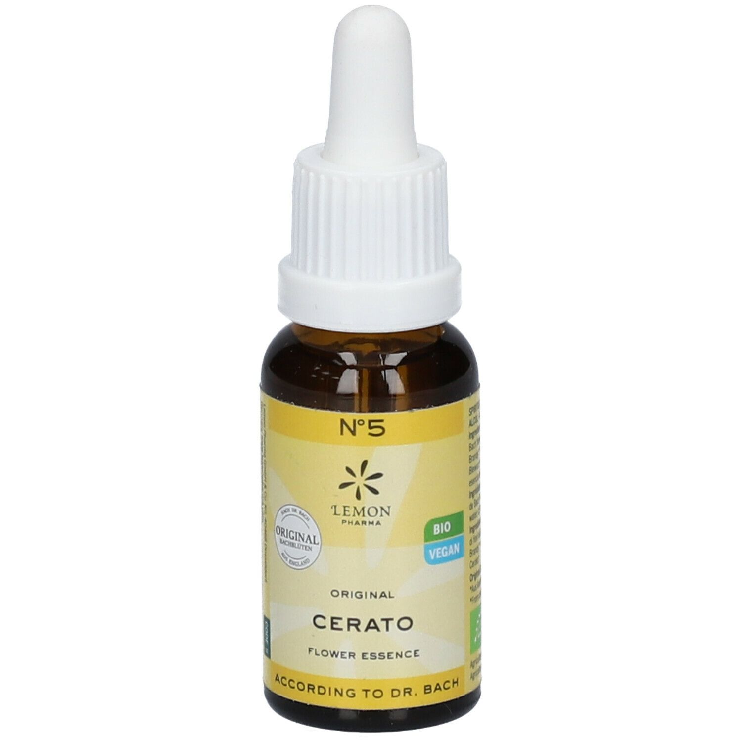 Braune Glasflasche mit weißem Deckel und Pipette. Gelbes Etikett mit Text: Cerato, Flower Essence, Bio Vegan.