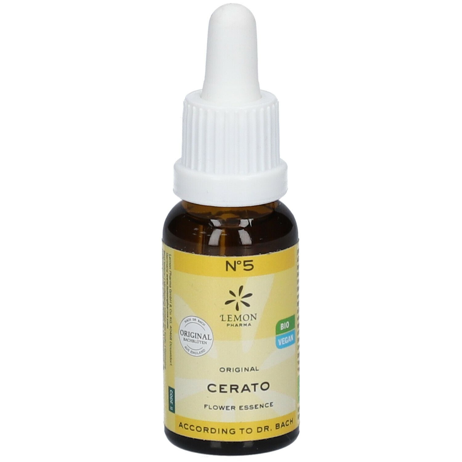 Braune Glasflasche mit weißem Deckel und Pipette. Gelbes Etikett mit Text: Cerato, Flower Essence, Bio Vegan.