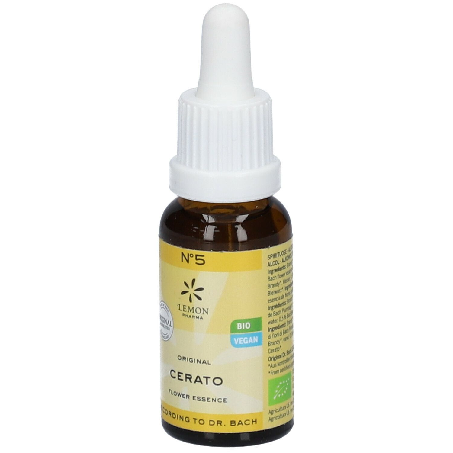 Braune Glasflasche mit weißem Deckel und Pipette. Gelbes Etikett mit Text: Cerato, Flower Essence, Bio Vegan.