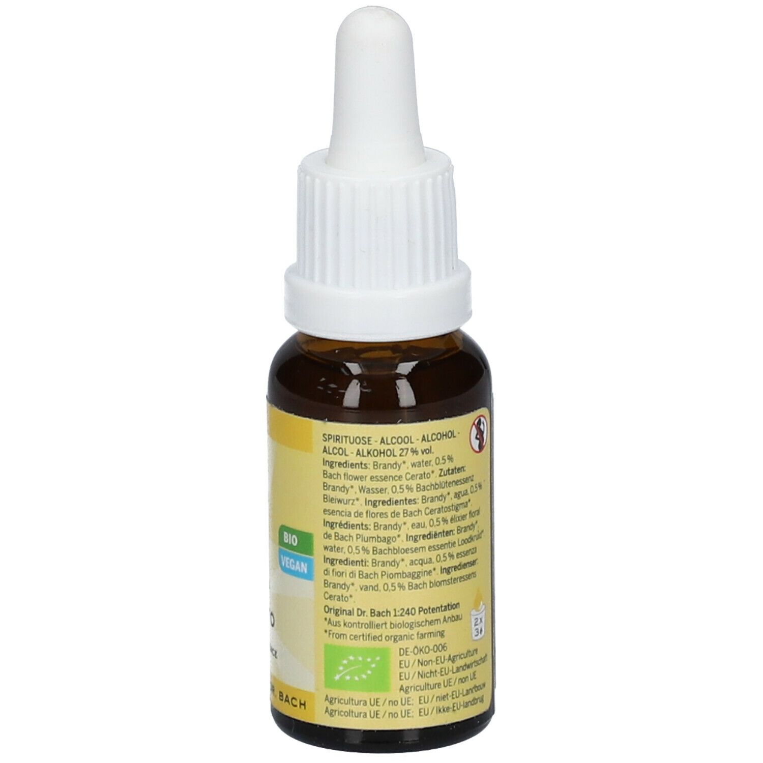 Braune Glasflasche mit weißem Deckel. Gelbes Etikett mit Text, Inhaltsstoffen und Bio Vegan Siegel. Original Bachblüten.